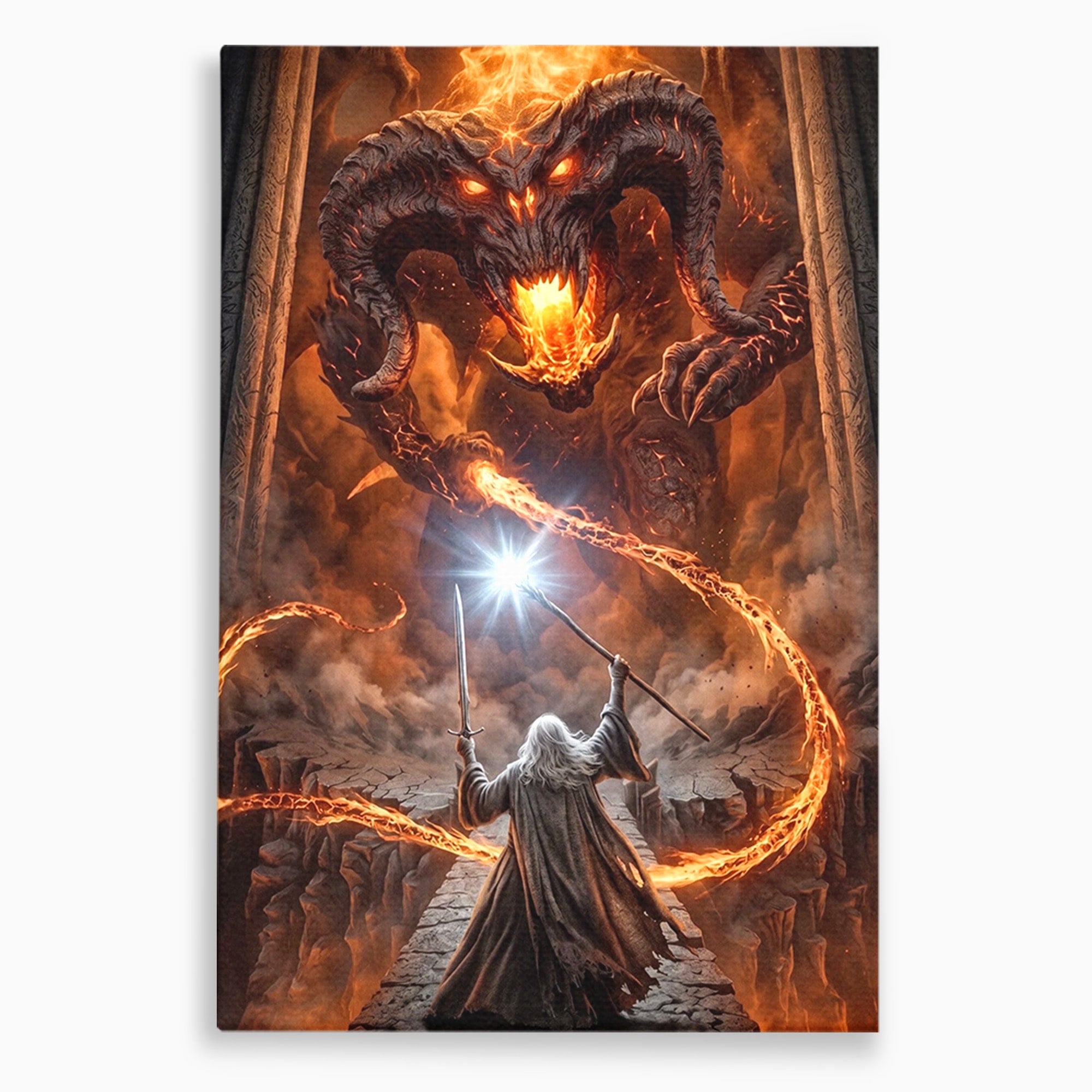 Tablou Canvas Premium LuxCanva® PI1203, Gandalf si Demonul Focului, Bestie, Foc, Lupta, Fantezie, Aventura, Living, Culori Vibrante