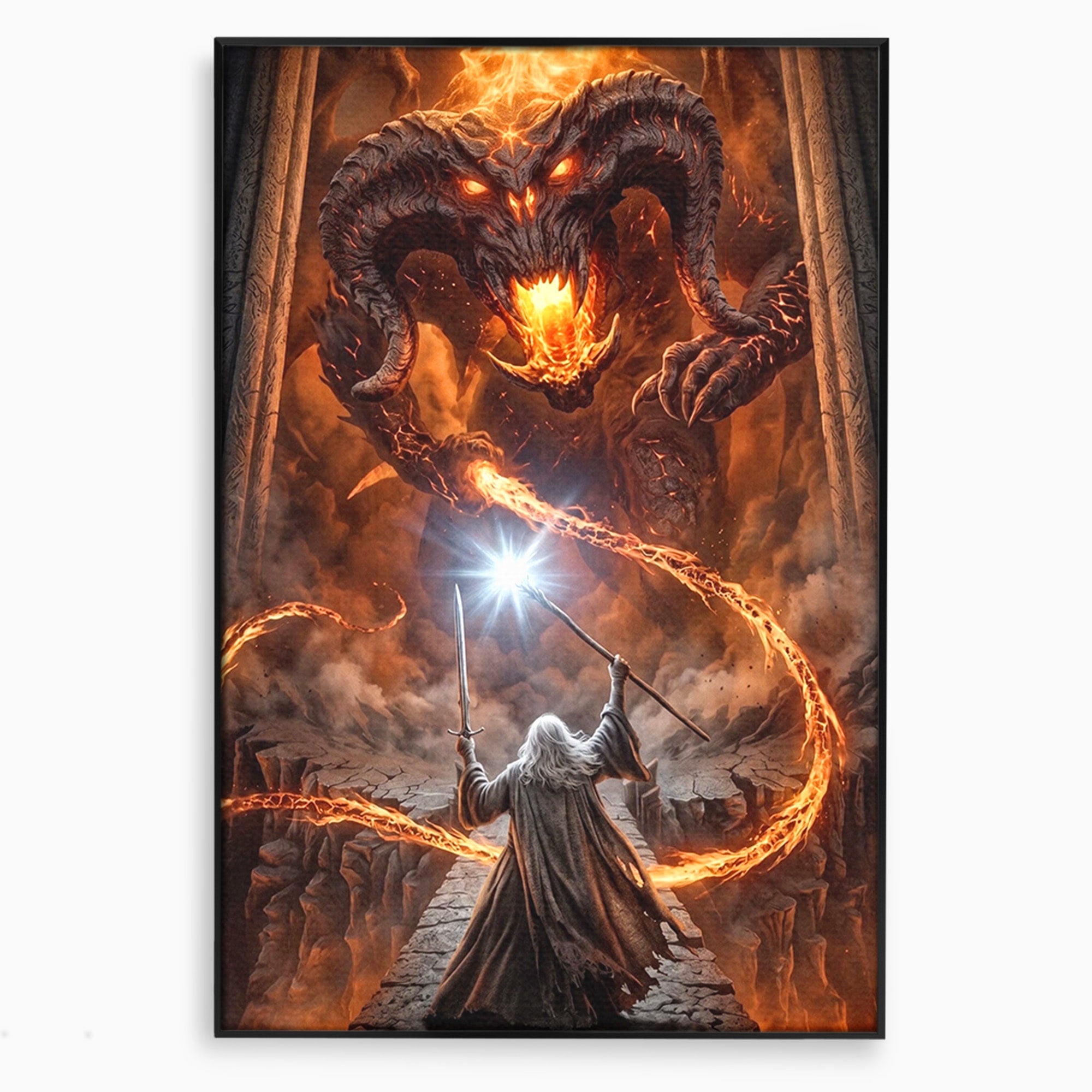 Tablou Canvas Premium LuxCanva® PI1203, Gandalf si Demonul Focului, Bestie, Foc, Lupta, Fantezie, Aventura, Living, Culori Vibrante