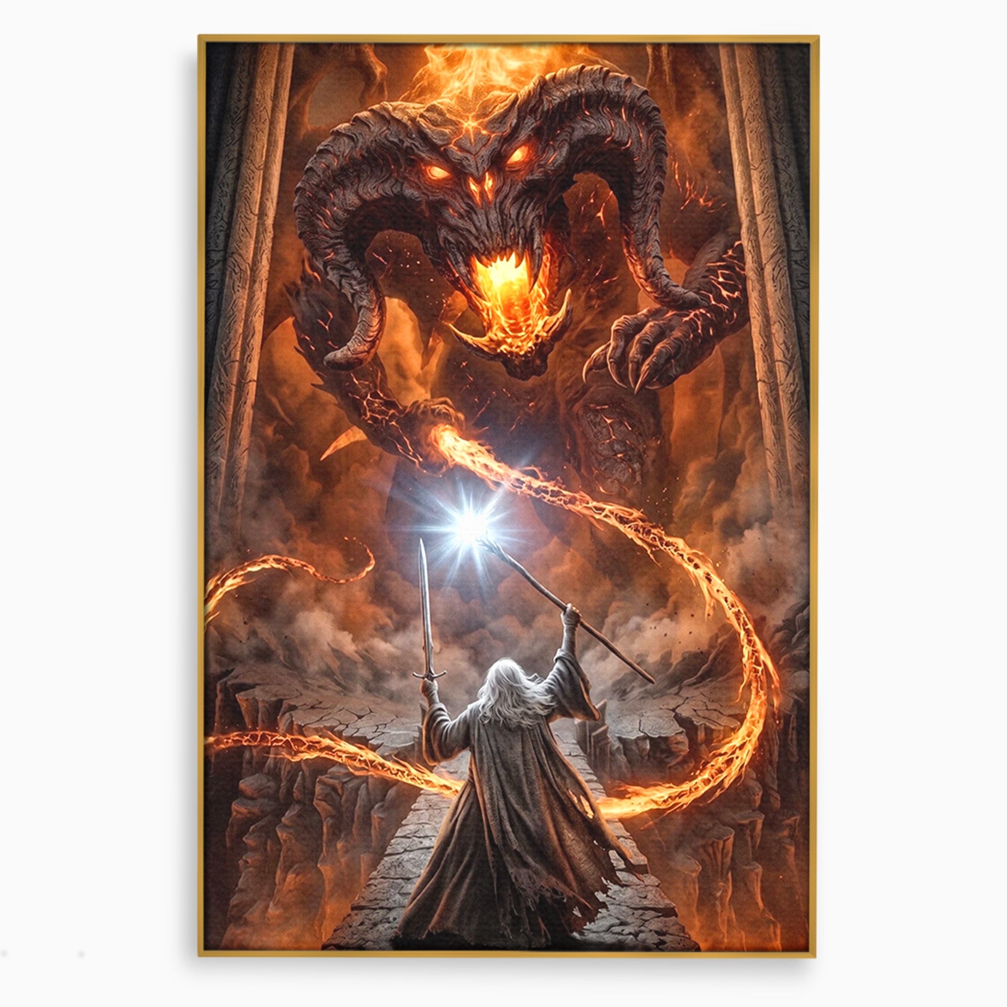 Tablou Canvas Premium LuxCanva® PI1203, Gandalf si Demonul Focului, Bestie, Foc, Lupta, Fantezie, Aventura, Living, Culori Vibrante
