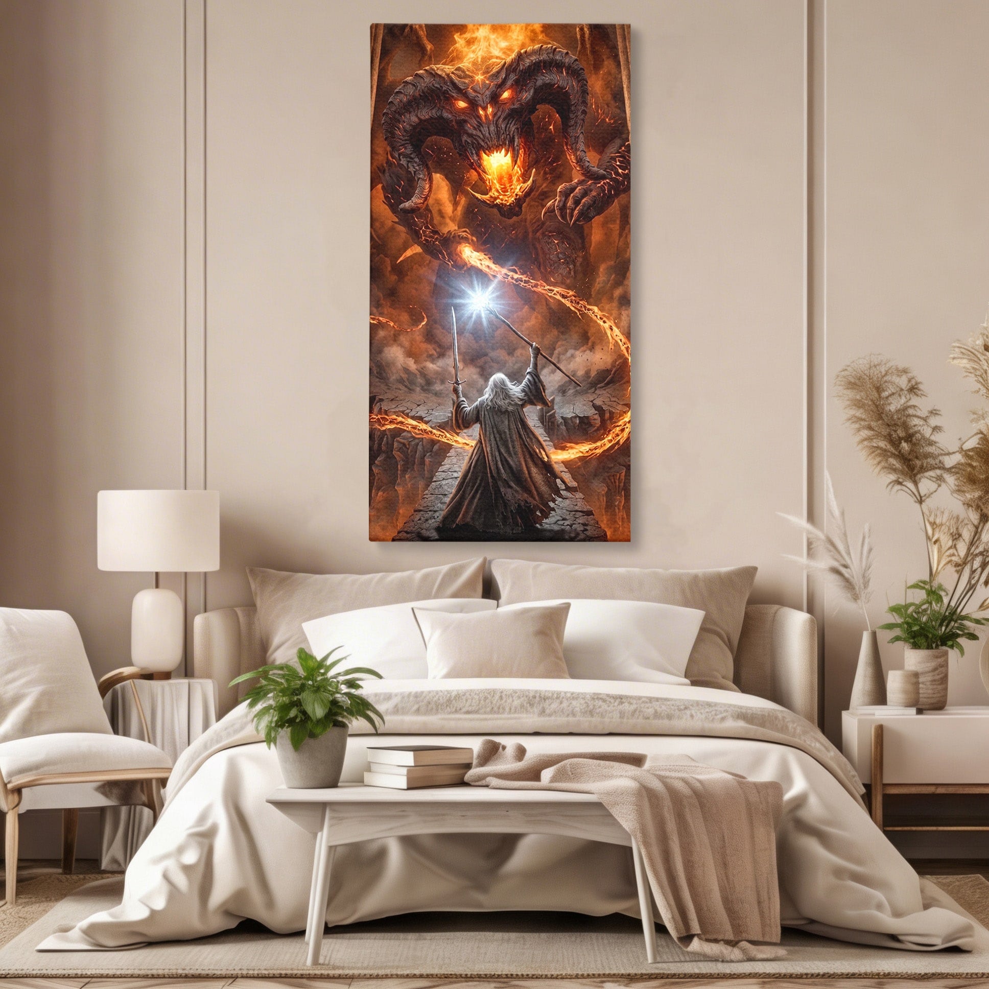 Tablou Canvas Premium LuxCanva® PI1203, Gandalf si Demonul Focului, Bestie, Foc, Lupta, Fantezie, Aventura, Living, Culori Vibrante
