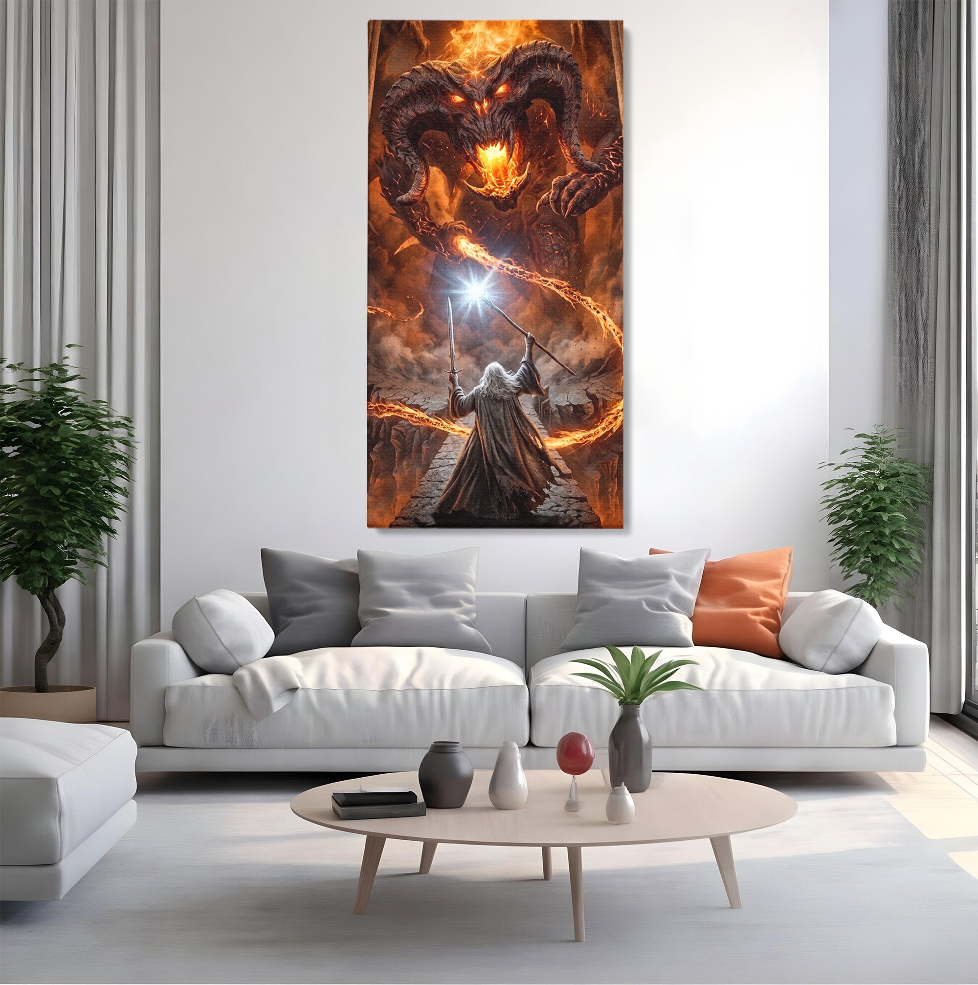 Tablou Canvas Premium LuxCanva® PI1203, Gandalf si Demonul Focului, Bestie, Foc, Lupta, Fantezie, Aventura, Living, Culori Vibrante