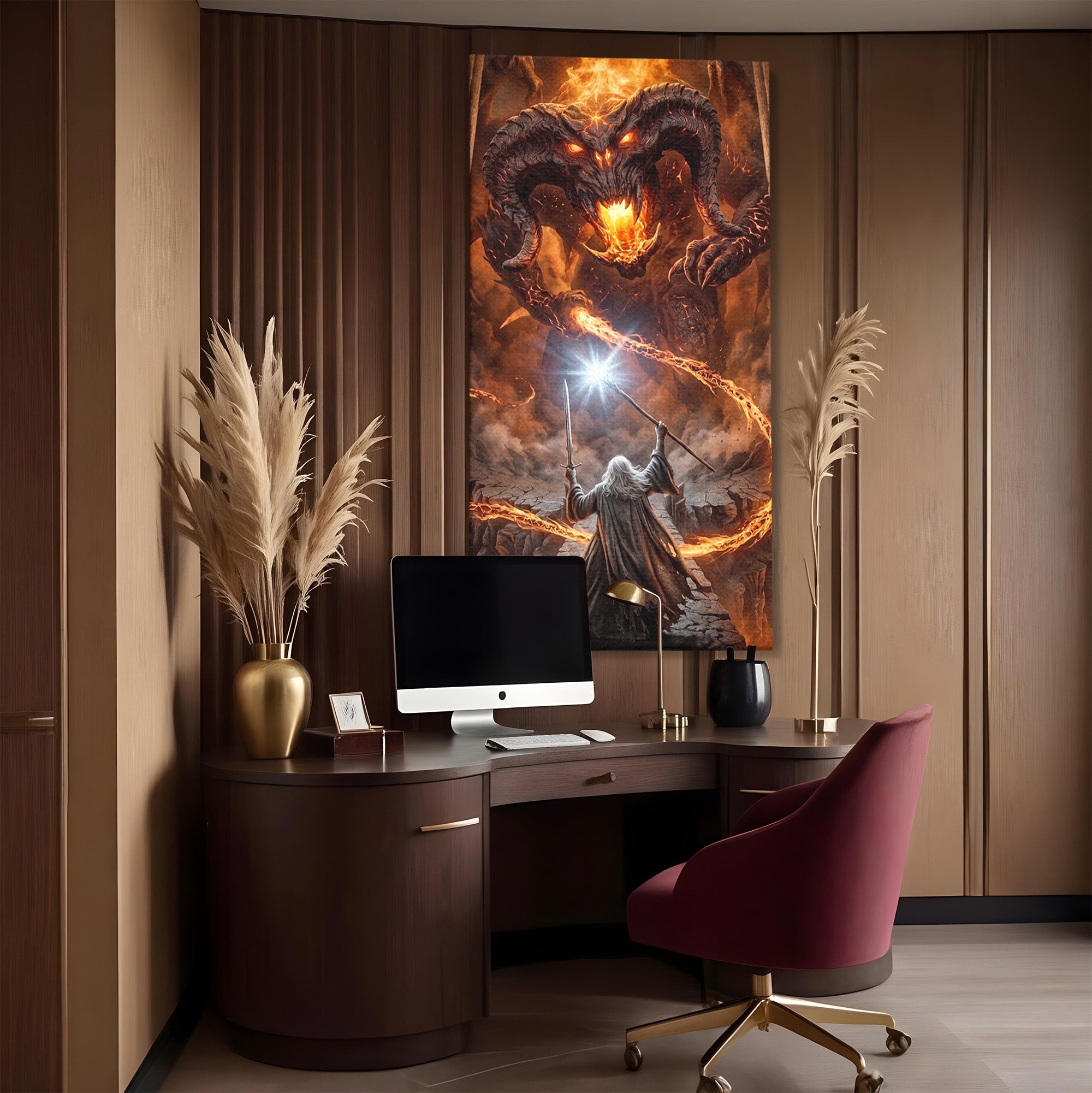 Tablou Canvas Premium LuxCanva® PI1203, Gandalf si Demonul Focului, Bestie, Foc, Lupta, Fantezie, Aventura, Living, Culori Vibrante