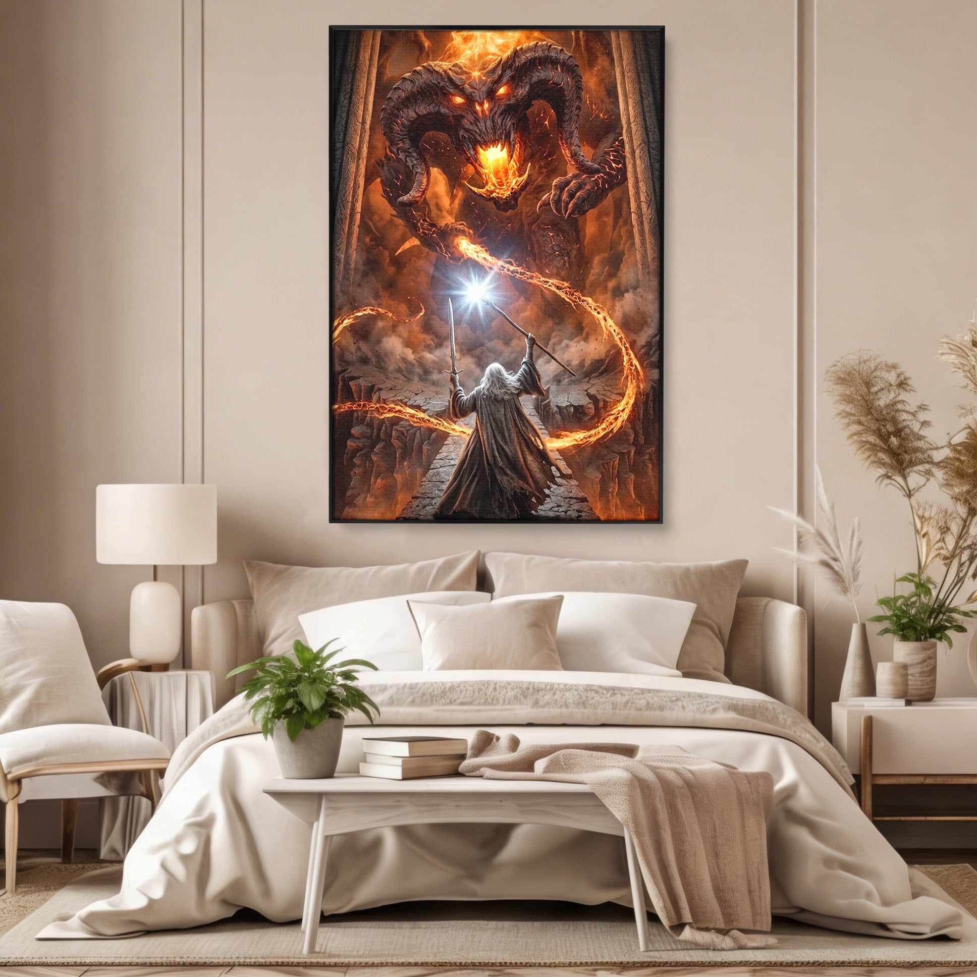 Tablou Canvas Premium LuxCanva® PI1203, Gandalf si Demonul Focului, Bestie, Foc, Lupta, Fantezie, Aventura, Living, Culori Vibrante