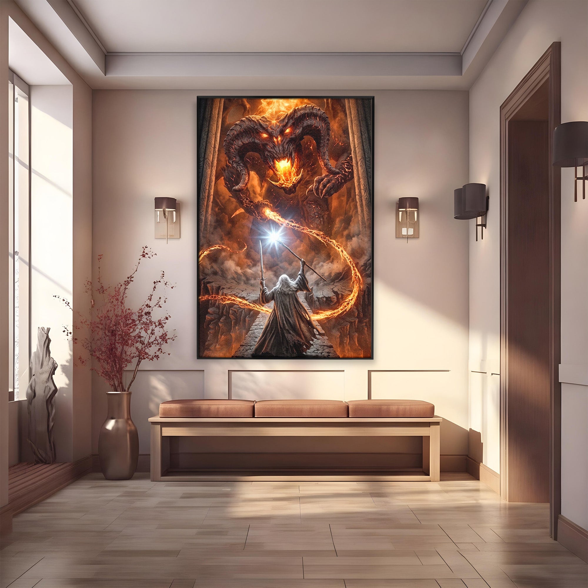 Tablou Canvas Premium LuxCanva® PI1203, Gandalf si Demonul Focului, Bestie, Foc, Lupta, Fantezie, Aventura, Living, Culori Vibrante