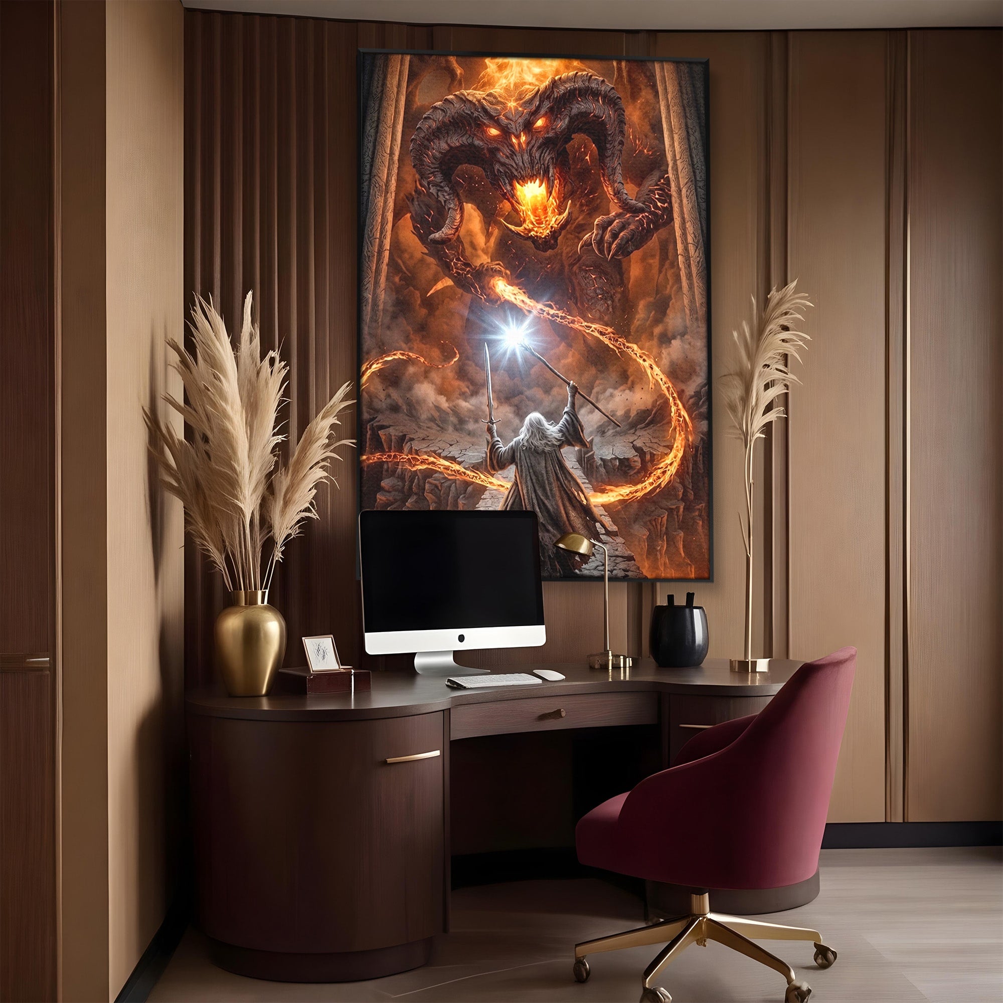 Tablou Canvas Premium LuxCanva® PI1203, Gandalf si Demonul Focului, Bestie, Foc, Lupta, Fantezie, Aventura, Living, Culori Vibrante