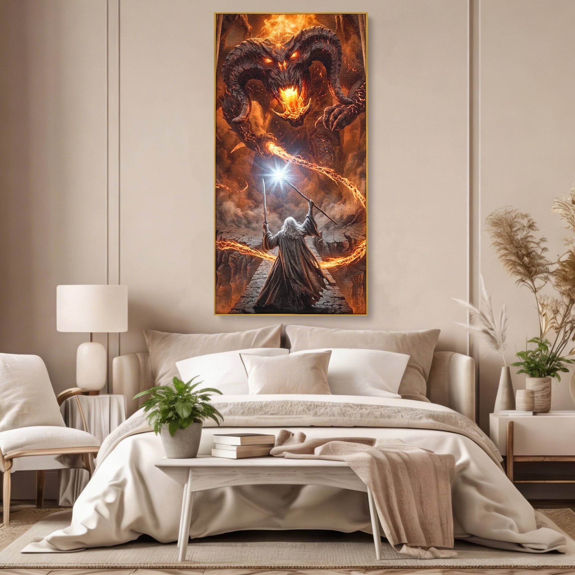 Tablou Canvas Premium LuxCanva® PI1203, Gandalf si Demonul Focului, Bestie, Foc, Lupta, Fantezie, Aventura, Living, Culori Vibrante