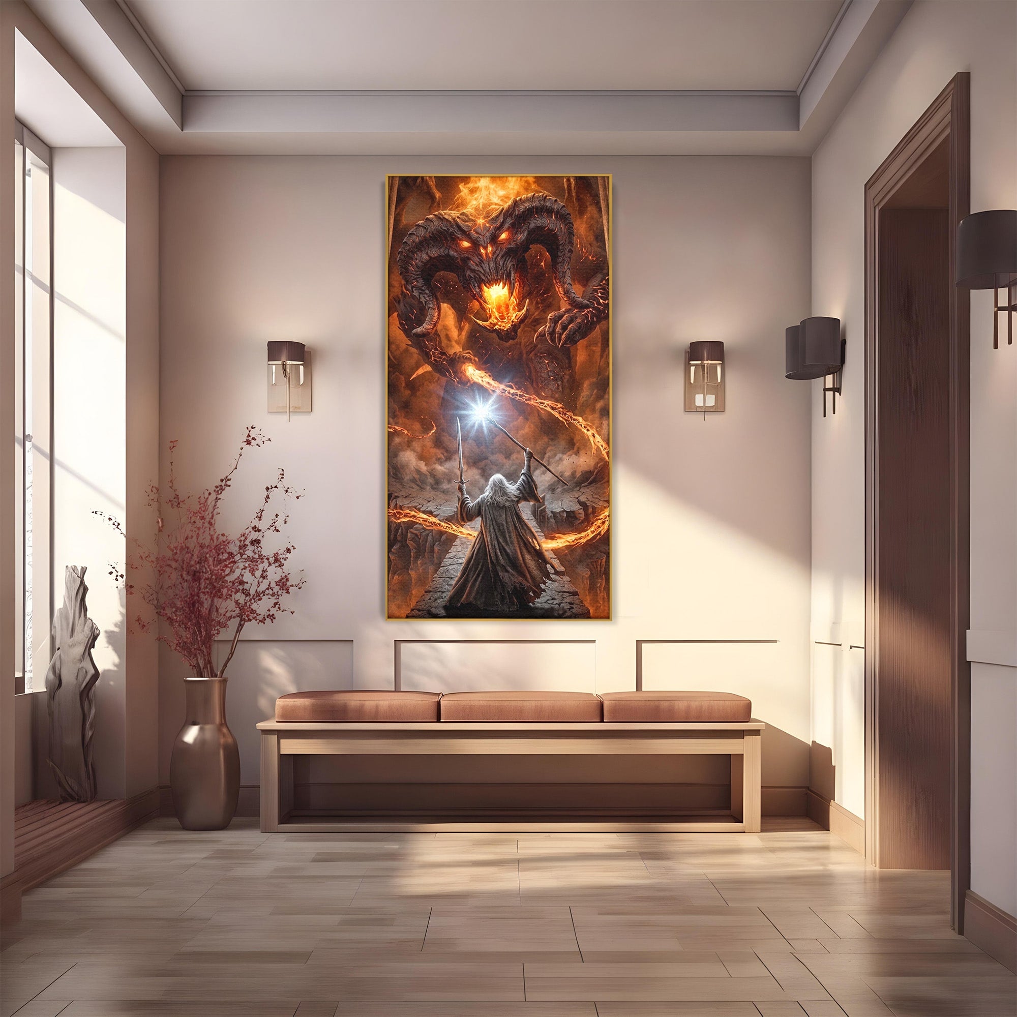 Tablou Canvas Premium LuxCanva® PI1203, Gandalf si Demonul Focului, Bestie, Foc, Lupta, Fantezie, Aventura, Living, Culori Vibrante
