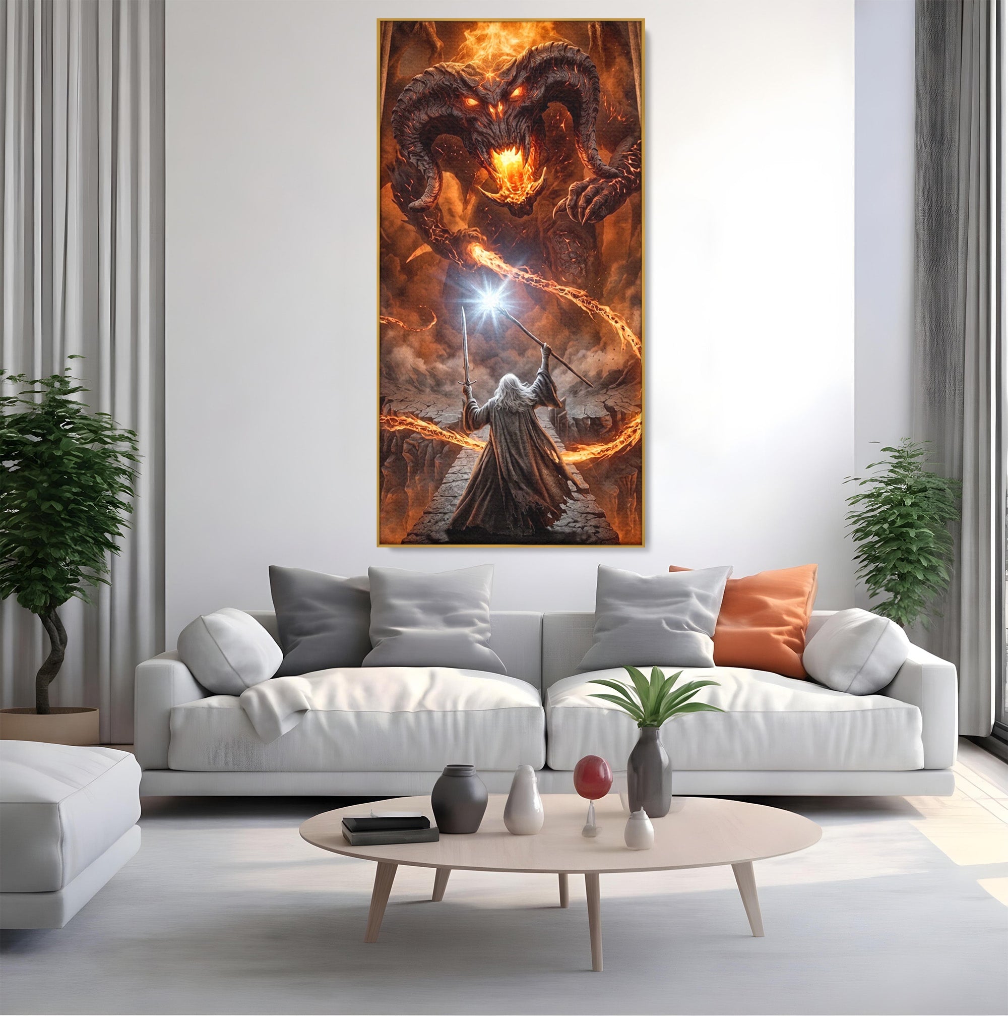 Tablou Canvas Premium LuxCanva® PI1203, Gandalf si Demonul Focului, Bestie, Foc, Lupta, Fantezie, Aventura, Living, Culori Vibrante