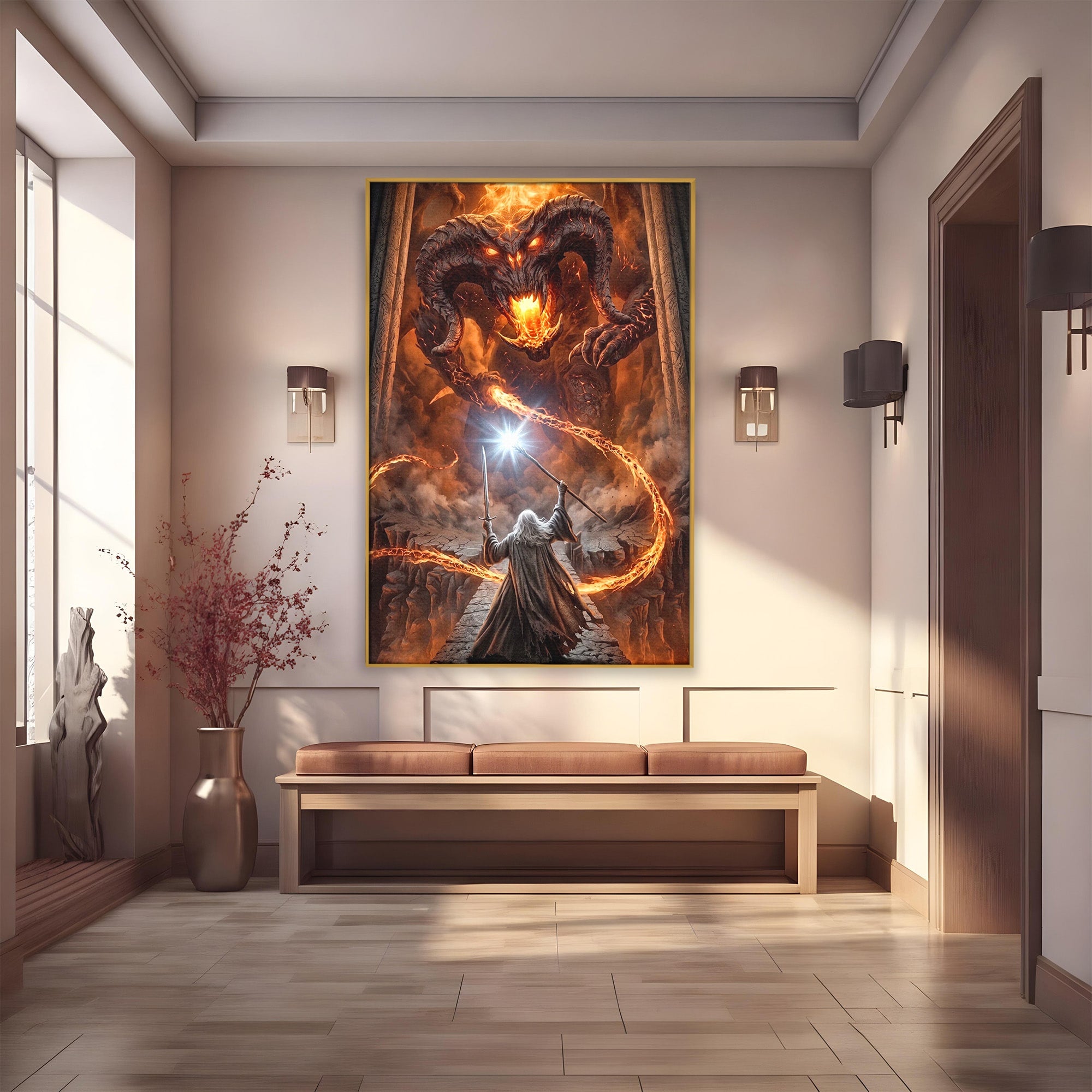 Tablou Canvas Premium LuxCanva® PI1203, Gandalf si Demonul Focului, Bestie, Foc, Lupta, Fantezie, Aventura, Living, Culori Vibrante