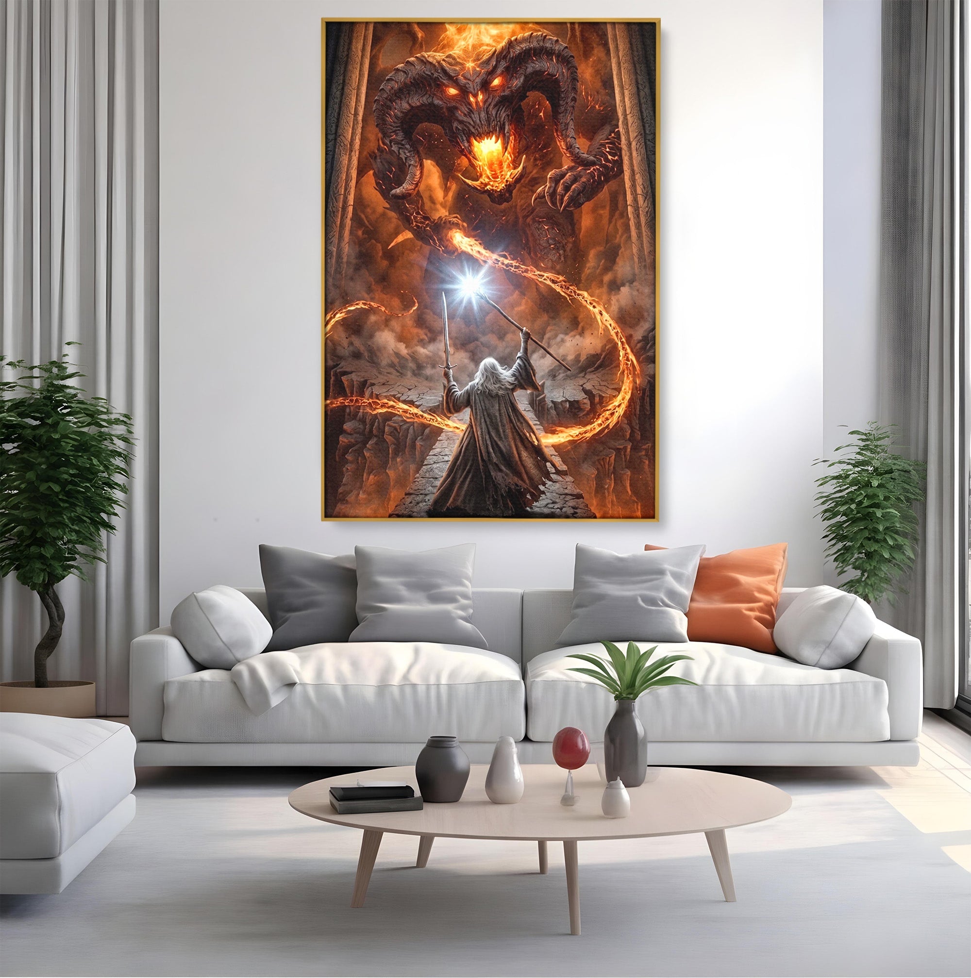 Tablou Canvas Premium LuxCanva® PI1203, Gandalf si Demonul Focului, Bestie, Foc, Lupta, Fantezie, Aventura, Living, Culori Vibrante