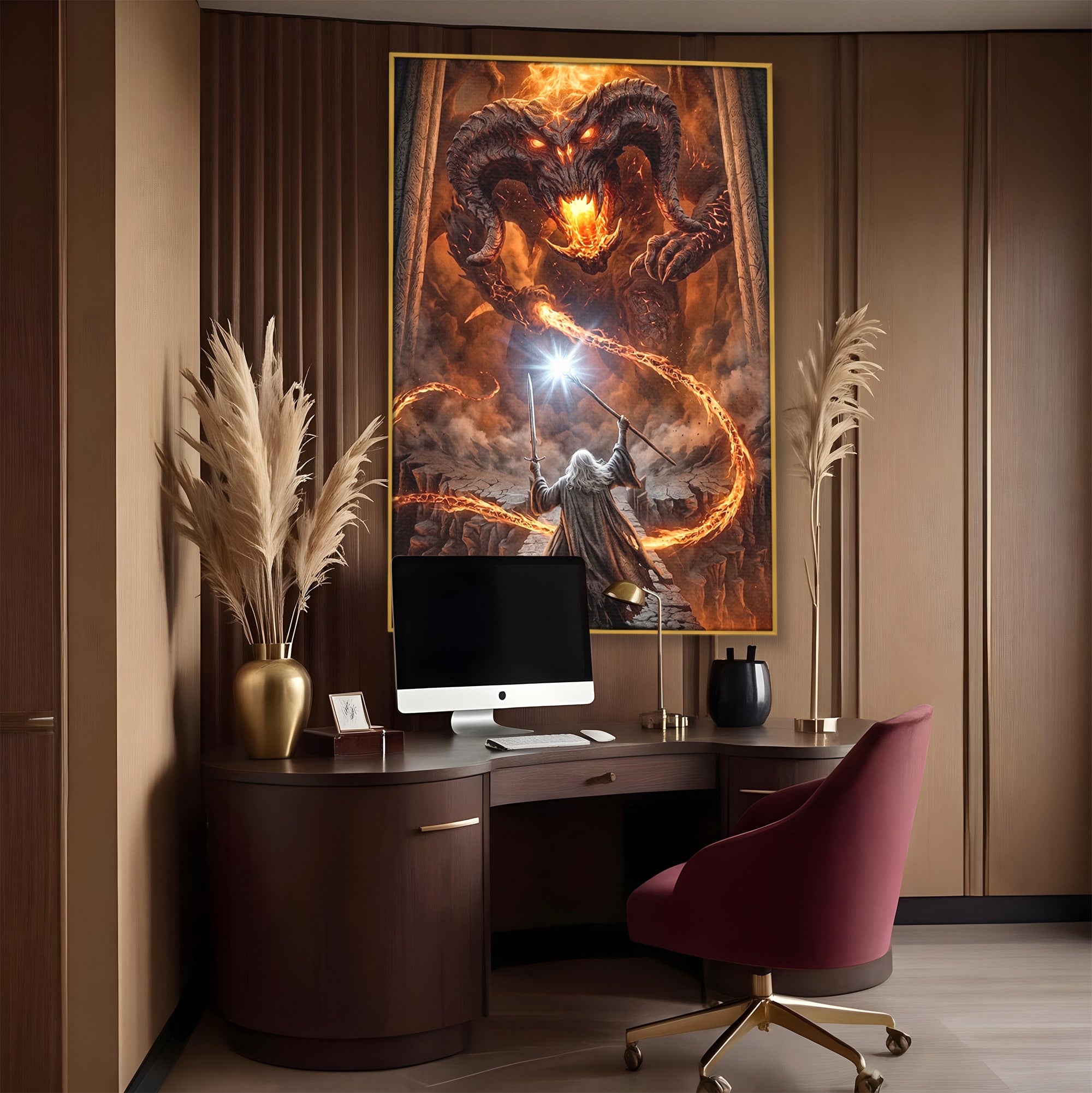 Tablou Canvas Premium LuxCanva® PI1203, Gandalf si Demonul Focului, Bestie, Foc, Lupta, Fantezie, Aventura, Living, Culori Vibrante