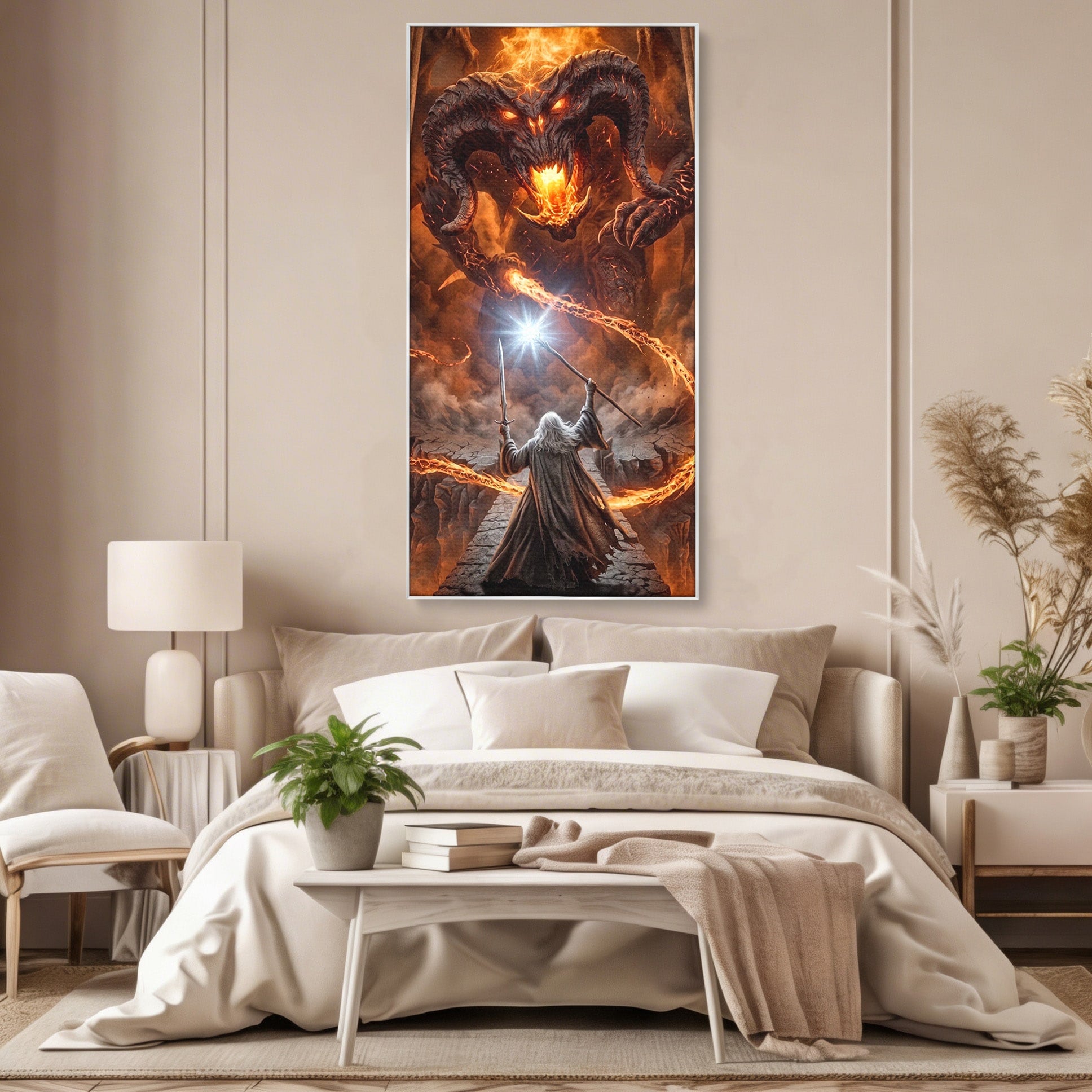 Tablou Canvas Premium LuxCanva® PI1203, Gandalf si Demonul Focului, Bestie, Foc, Lupta, Fantezie, Aventura, Living, Culori Vibrante