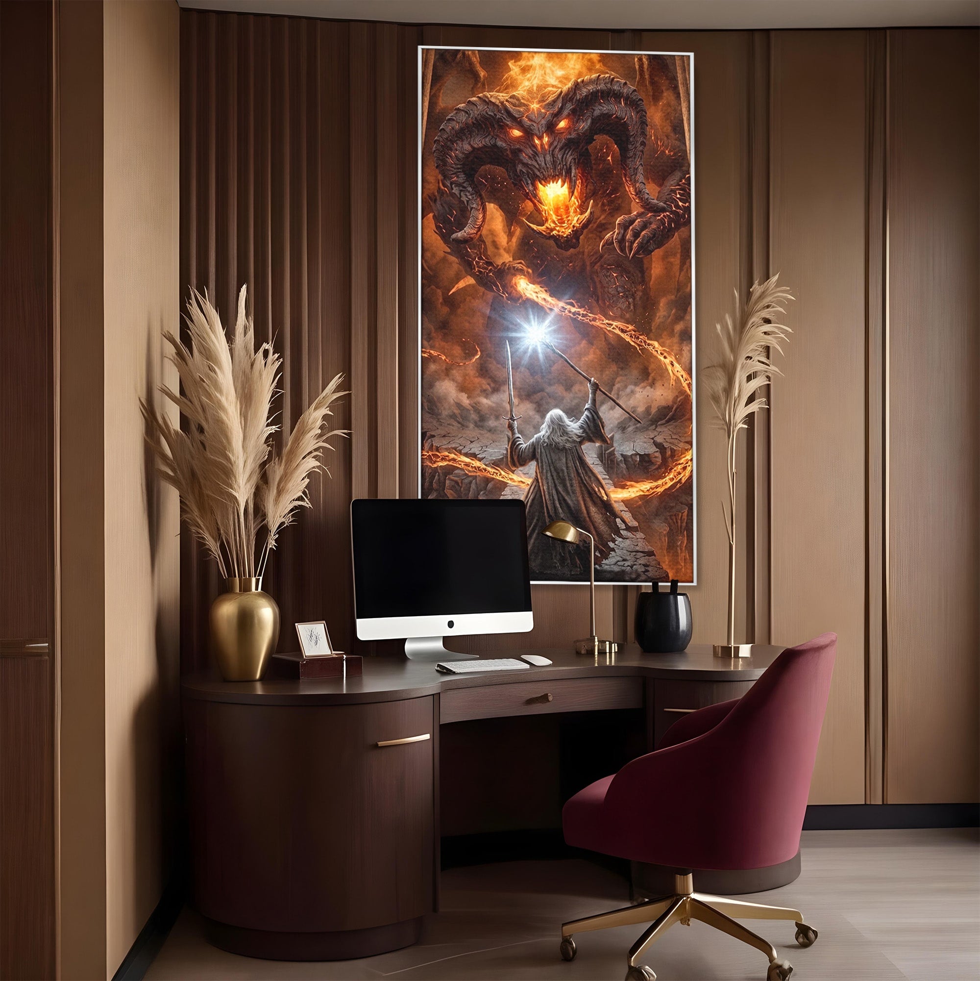 Tablou Canvas Premium LuxCanva® PI1203, Gandalf si Demonul Focului, Bestie, Foc, Lupta, Fantezie, Aventura, Living, Culori Vibrante