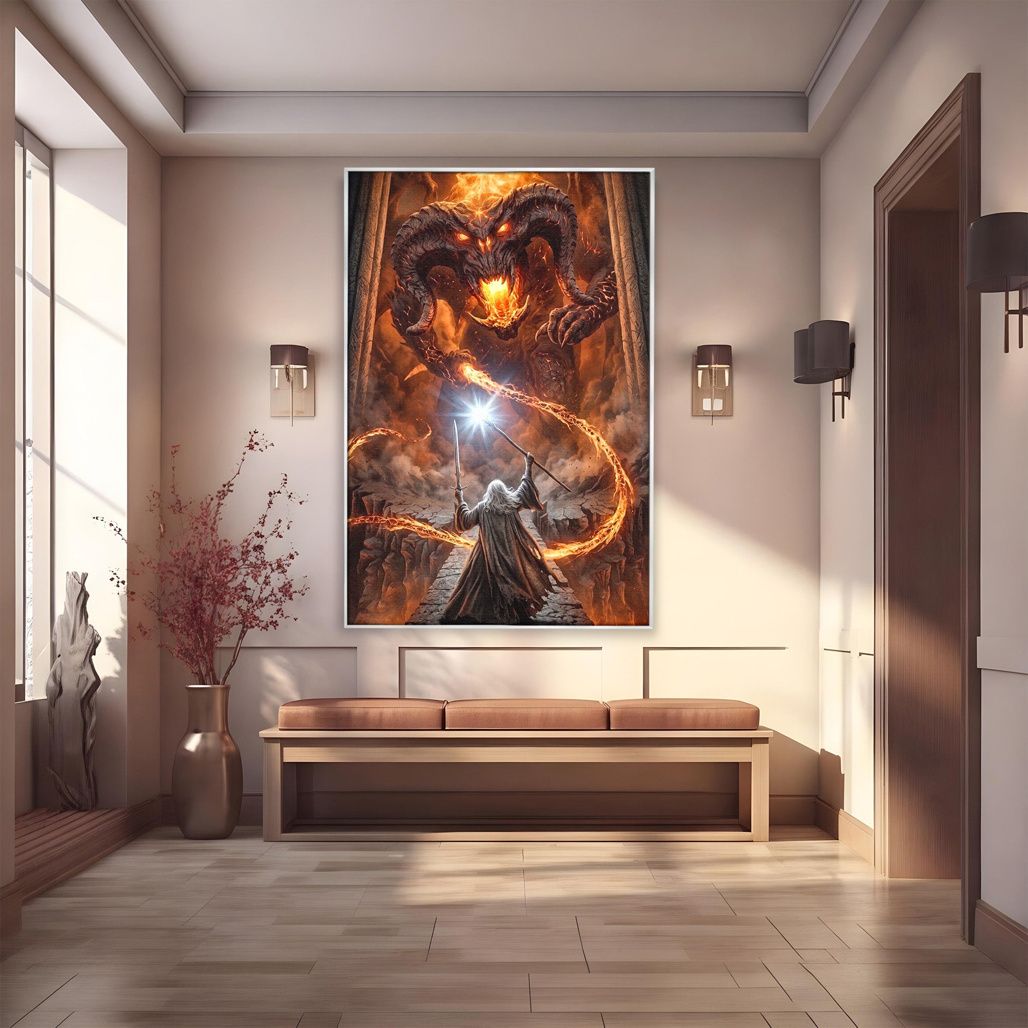 Tablou Canvas Premium LuxCanva® PI1203, Gandalf si Demonul Focului, Bestie, Foc, Lupta, Fantezie, Aventura, Living, Culori Vibrante