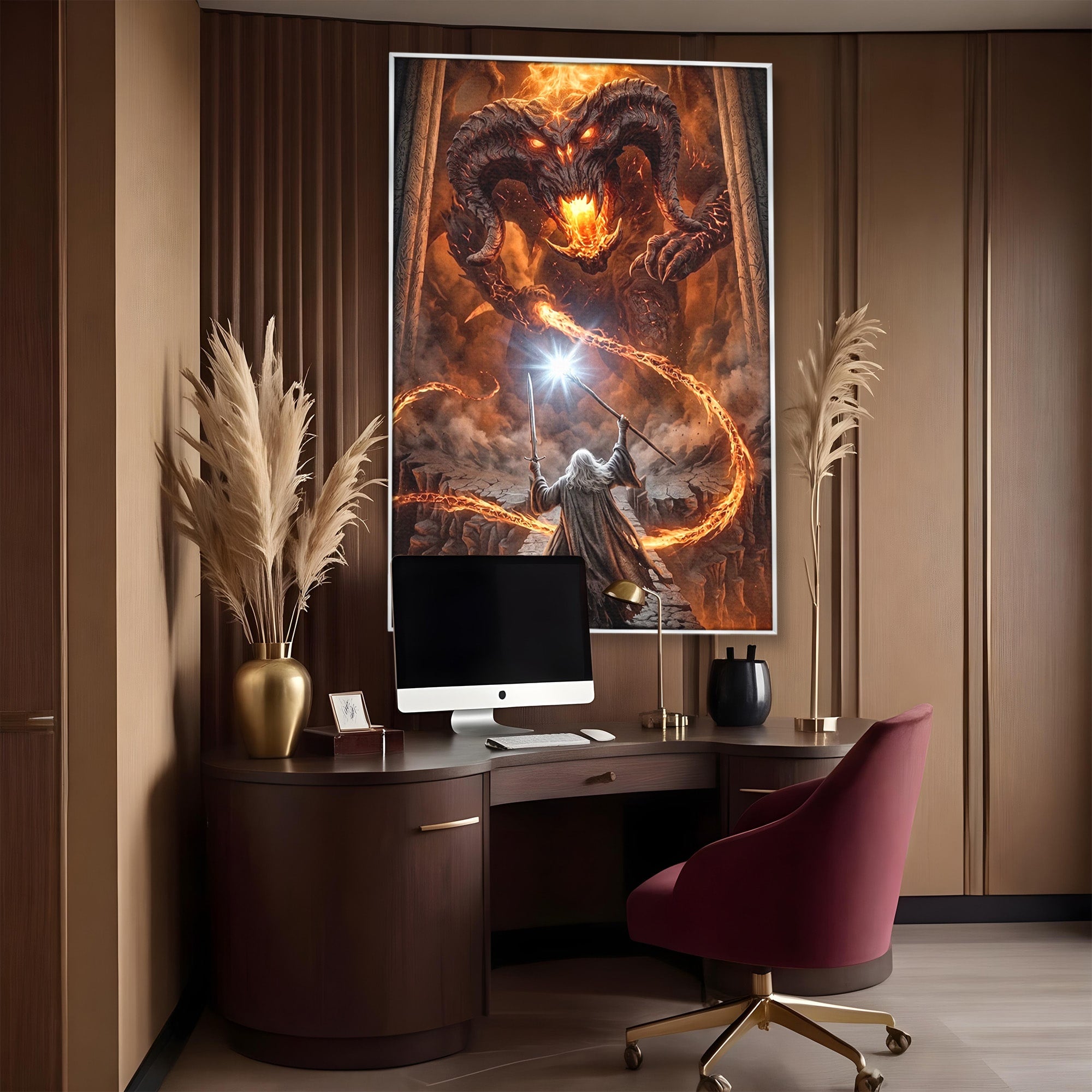 Tablou Canvas Premium LuxCanva® PI1203, Gandalf si Demonul Focului, Bestie, Foc, Lupta, Fantezie, Aventura, Living, Culori Vibrante