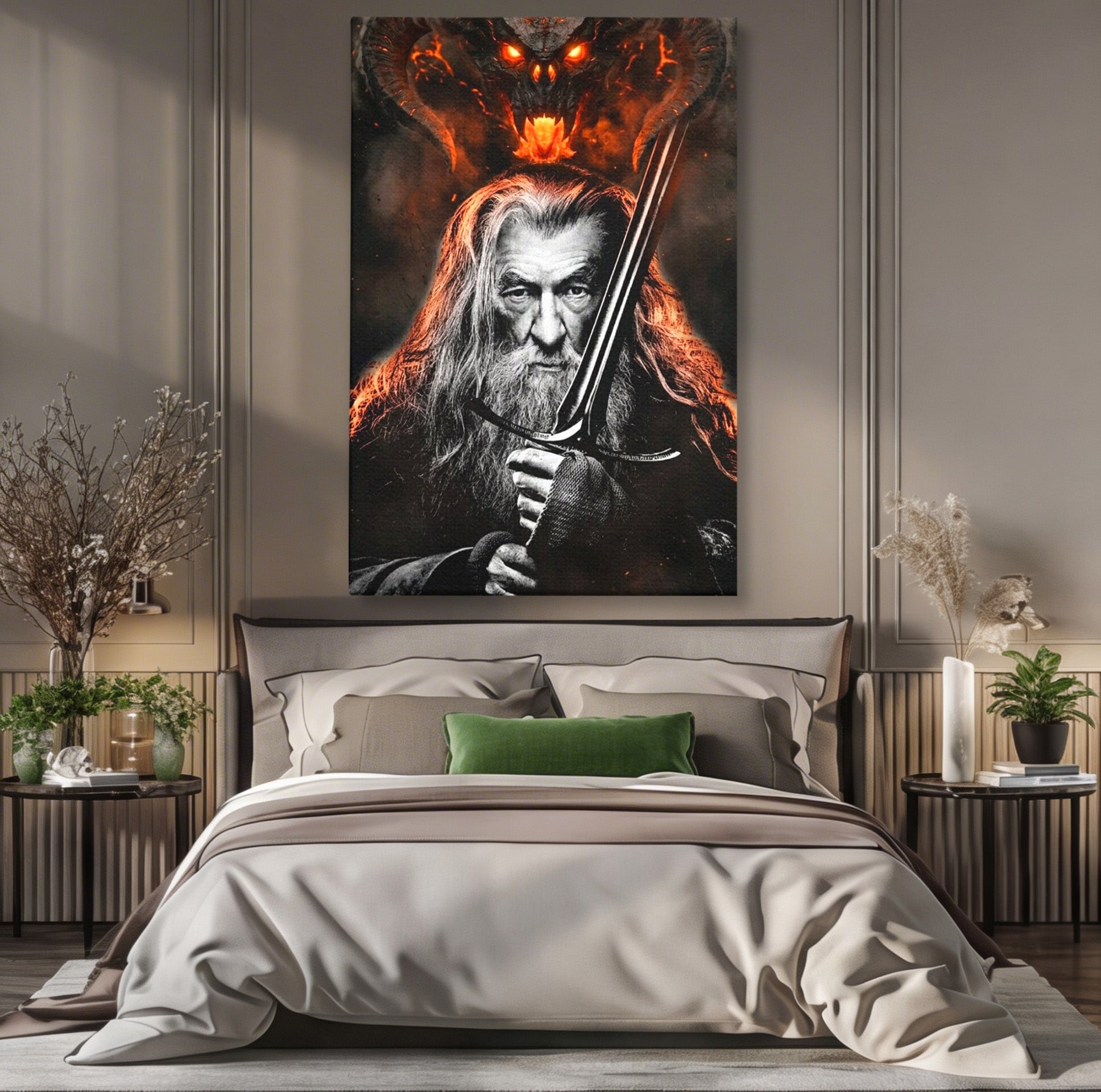Tablou Canvas Premium LuxCanva® PI1209, Vrajitorul Si Demonul, Gandalf, Tolkien, Lupta, Epoca Medievala, Dormitor, Living, Culori Vibrante