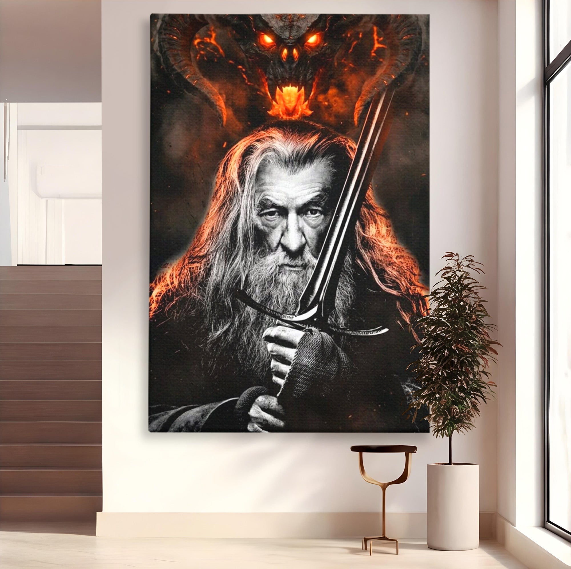 Tablou Canvas Premium LuxCanva® PI1209, Vrajitorul Si Demonul, Gandalf, Tolkien, Lupta, Epoca Medievala, Dormitor, Living, Culori Vibrante