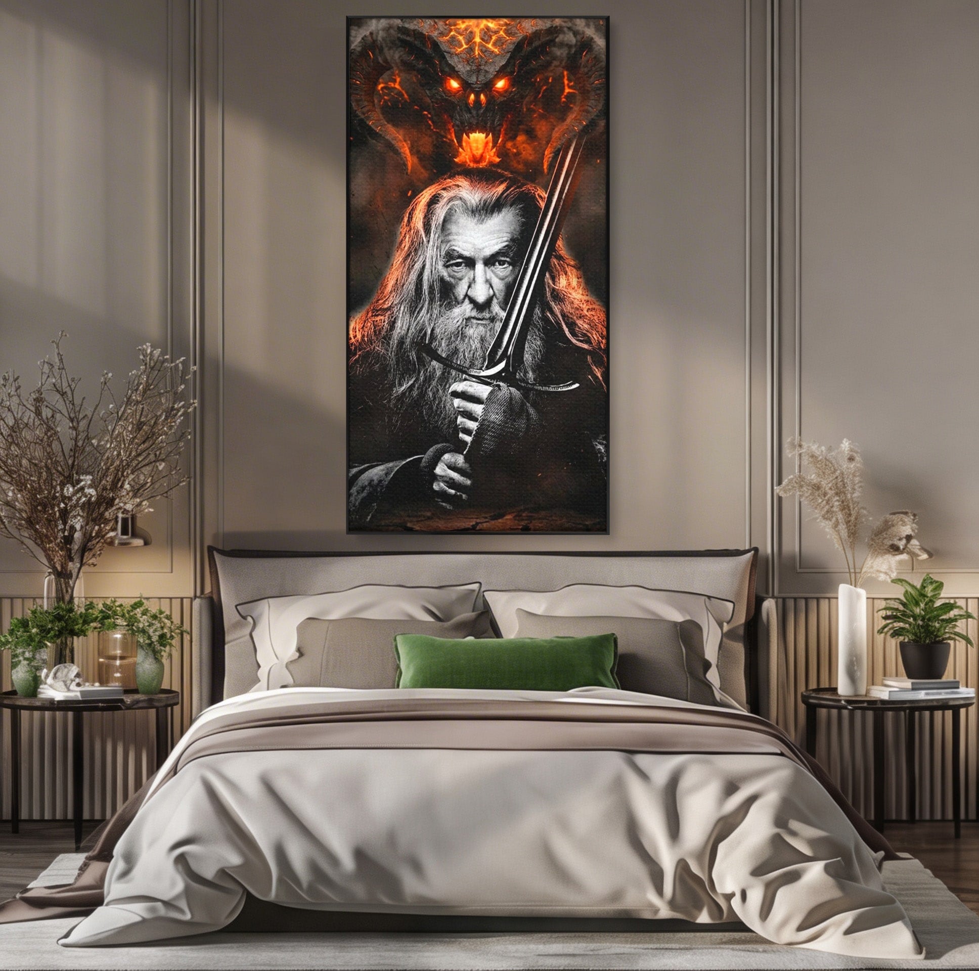 Tablou Canvas Premium LuxCanva® PI1209, Vrajitorul Si Demonul, Gandalf, Tolkien, Lupta, Epoca Medievala, Dormitor, Living, Culori Vibrante