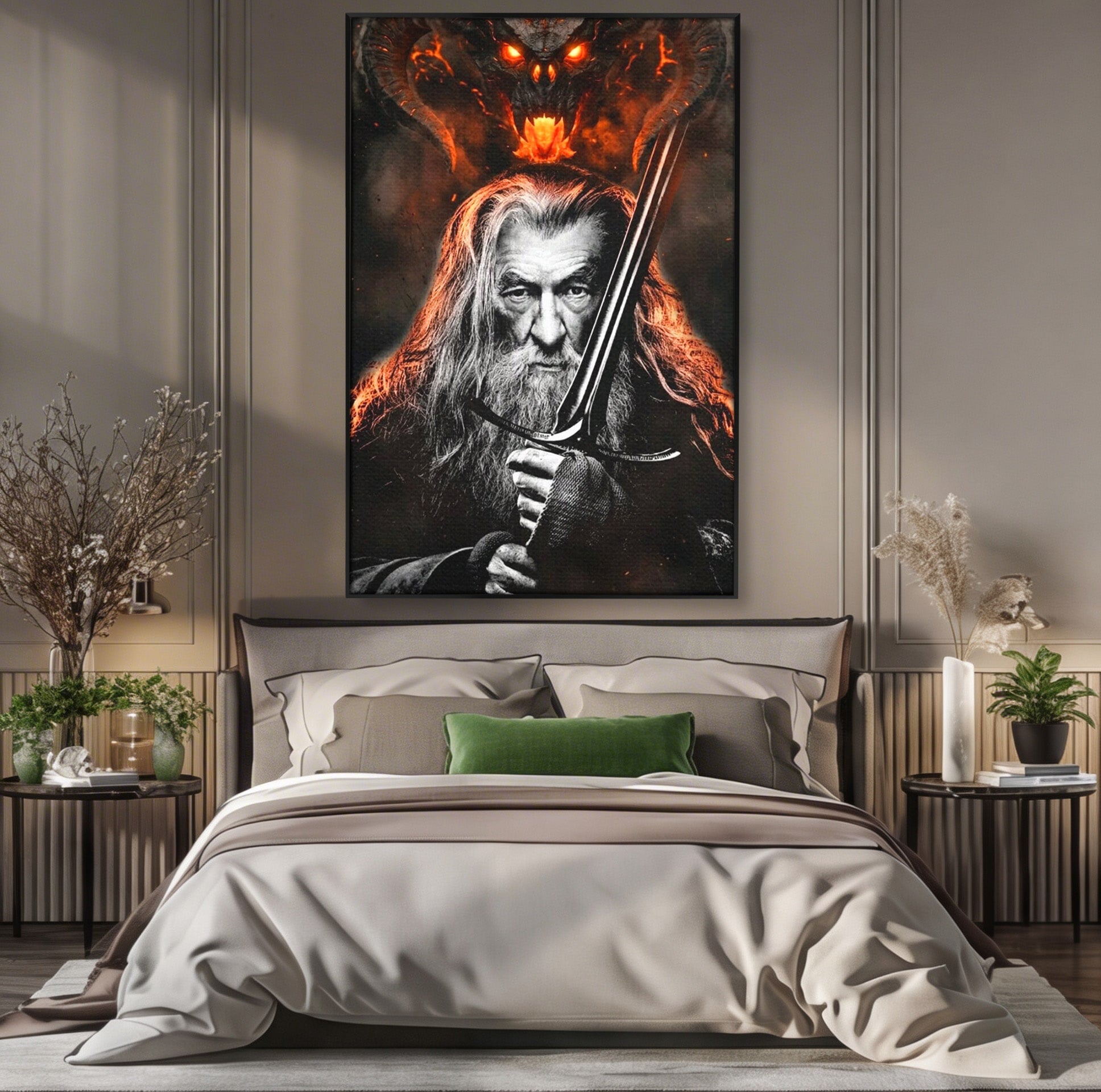 Tablou Canvas Premium LuxCanva® PI1209, Vrajitorul Si Demonul, Gandalf, Tolkien, Lupta, Epoca Medievala, Dormitor, Living, Culori Vibrante