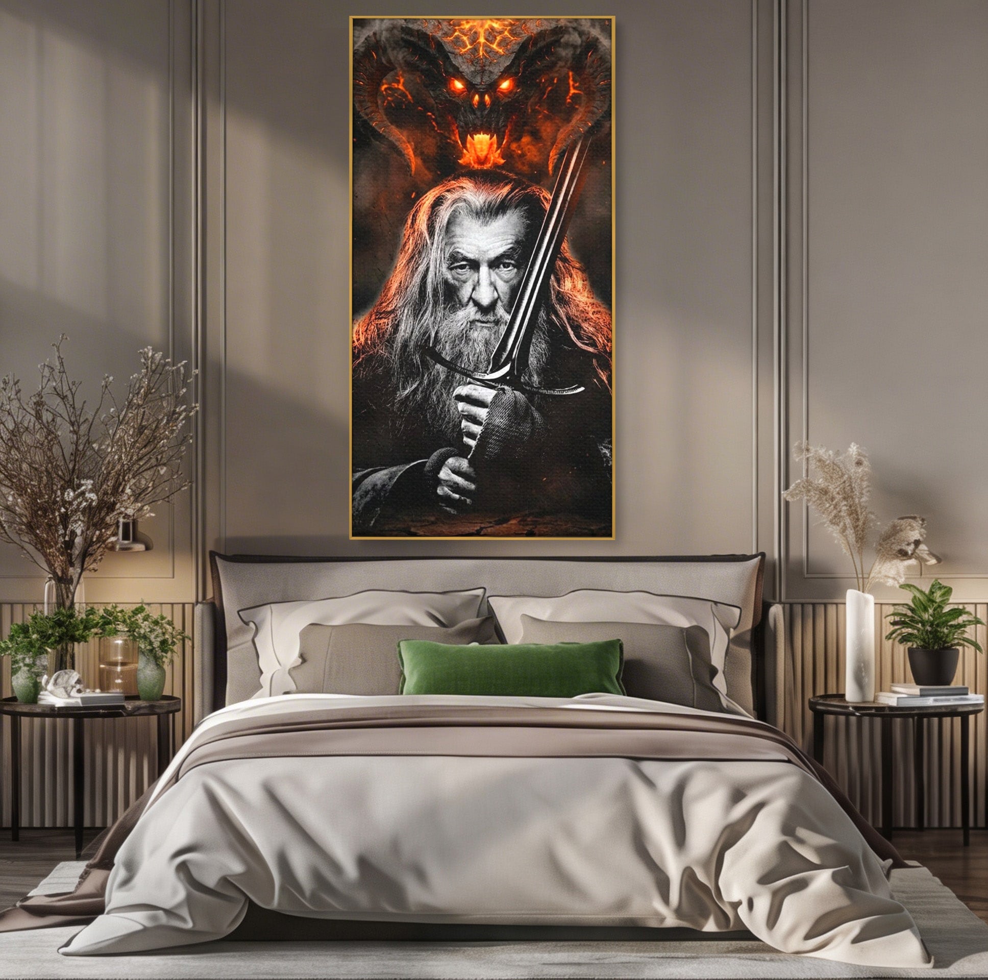 Tablou Canvas Premium LuxCanva® PI1209, Vrajitorul Si Demonul, Gandalf, Tolkien, Lupta, Epoca Medievala, Dormitor, Living, Culori Vibrante