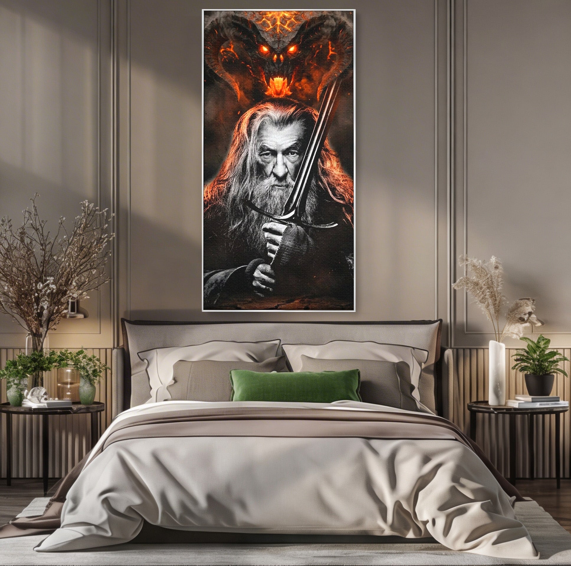 Tablou Canvas Premium LuxCanva® PI1209, Vrajitorul Si Demonul, Gandalf, Tolkien, Lupta, Epoca Medievala, Dormitor, Living, Culori Vibrante