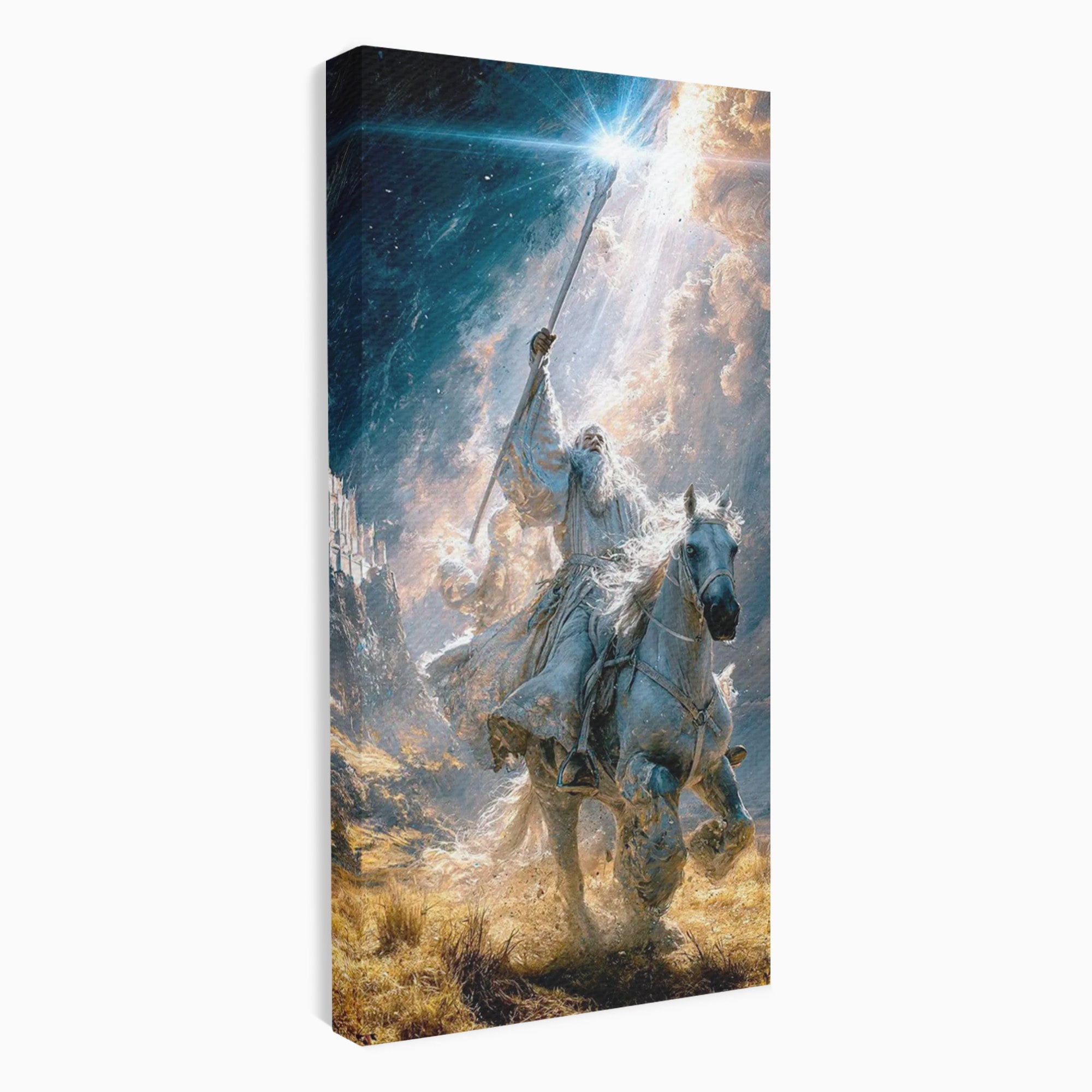 Tablou Canvas Premium LuxCanva® PI1211, Cavalerul Luminii, Cal Alb, Fantezie, Aventura, Epica, Living, Culori Vibrante