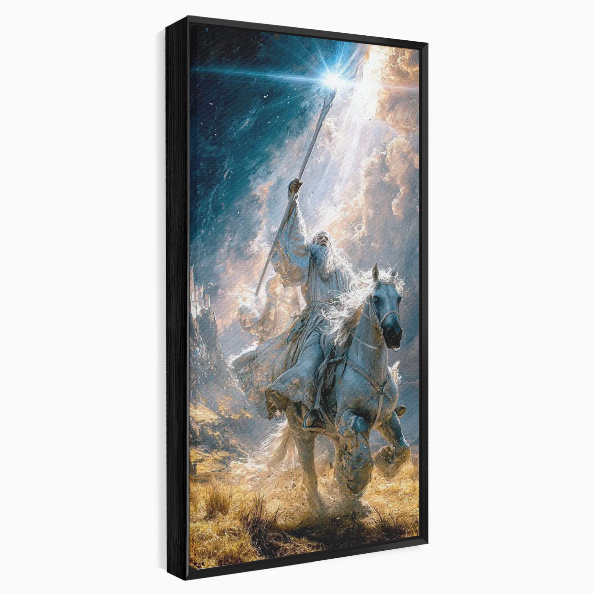 Tablou Canvas Premium LuxCanva® PI1211, Cavalerul Luminii, Cal Alb, Fantezie, Aventura, Epica, Living, Culori Vibrante