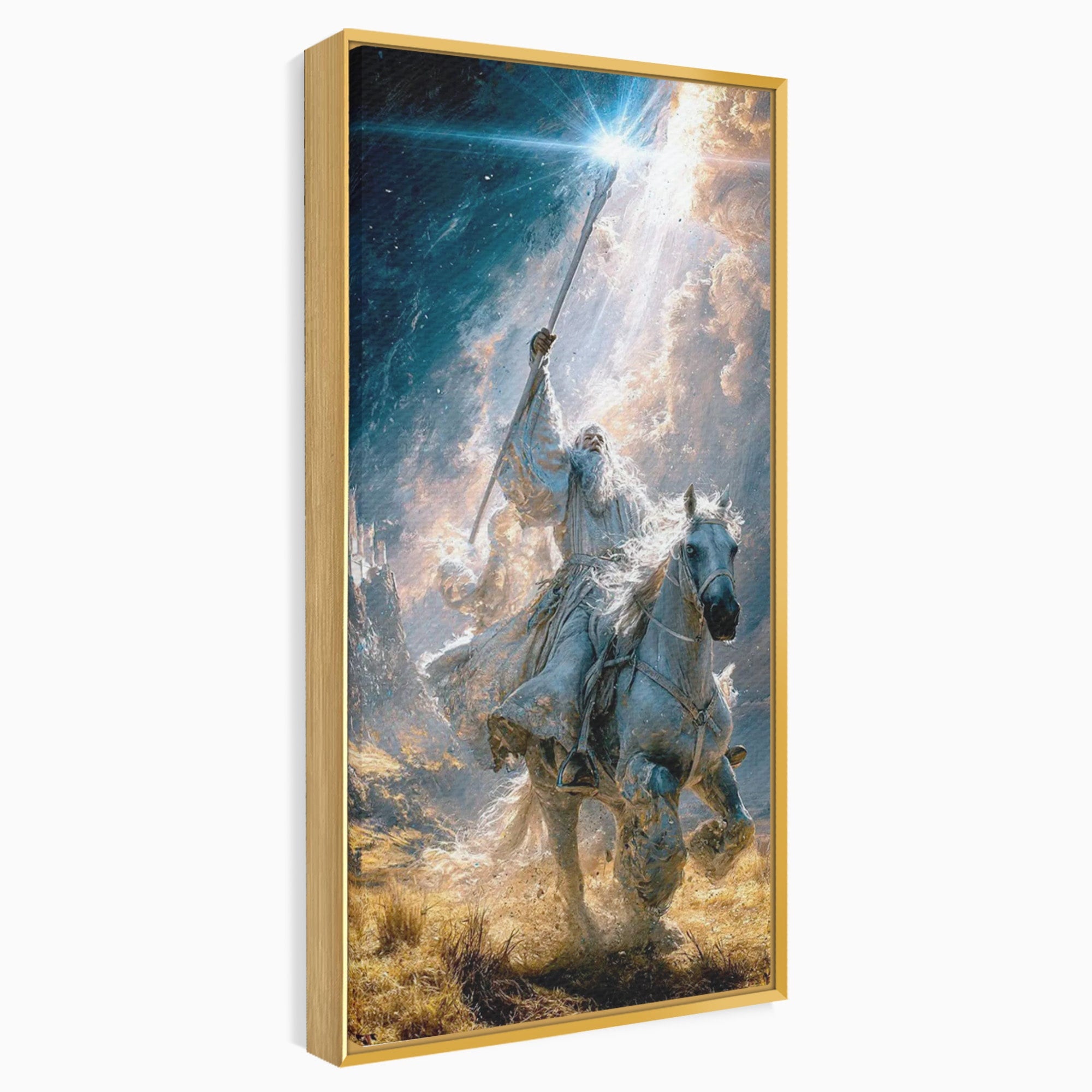 Tablou Canvas Premium LuxCanva® PI1211, Cavalerul Luminii, Cal Alb, Fantezie, Aventura, Epica, Living, Culori Vibrante