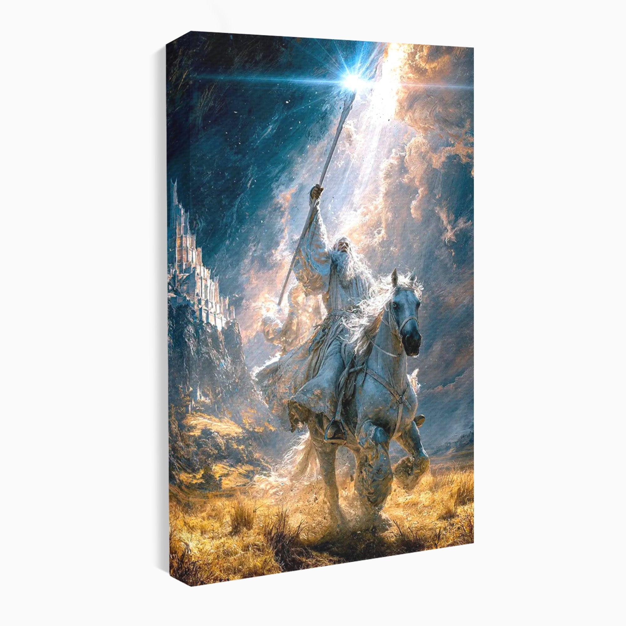 Tablou Canvas Premium LuxCanva® PI1211, Cavalerul Luminii, Cal Alb, Fantezie, Aventura, Epica, Living, Culori Vibrante