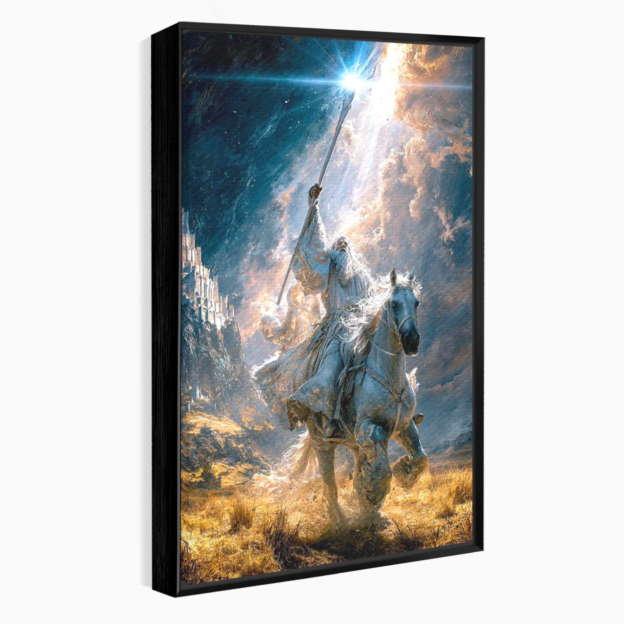 Tablou Canvas Premium LuxCanva® PI1211, Cavalerul Luminii, Cal Alb, Fantezie, Aventura, Epica, Living, Culori Vibrante