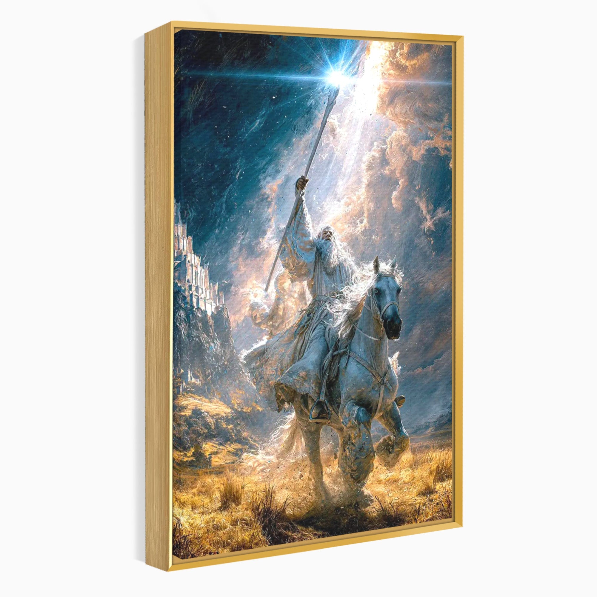 Tablou Canvas Premium LuxCanva® PI1211, Cavalerul Luminii, Cal Alb, Fantezie, Aventura, Epica, Living, Culori Vibrante