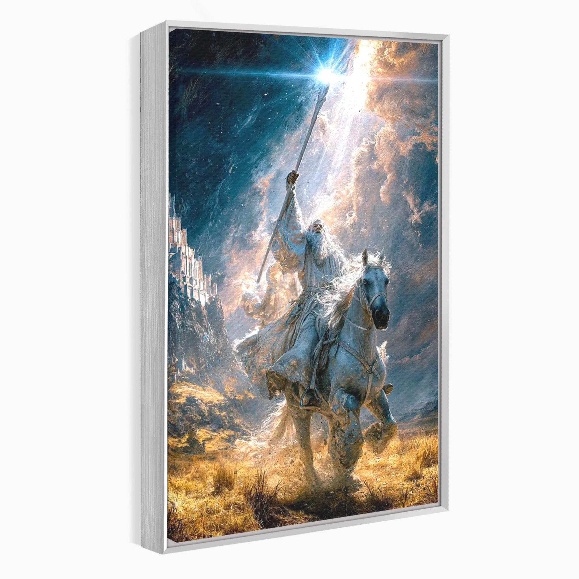 Tablou Canvas Premium LuxCanva® PI1211, Cavalerul Luminii, Cal Alb, Fantezie, Aventura, Epica, Living, Culori Vibrante