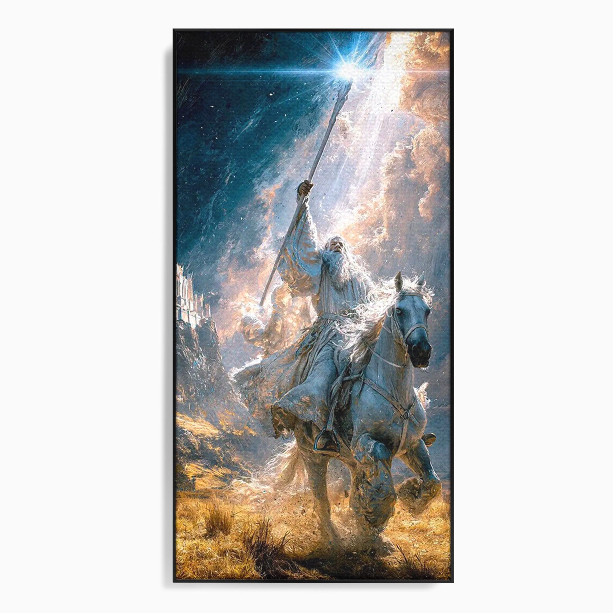 Tablou Canvas Premium LuxCanva® PI1211, Cavalerul Luminii, Cal Alb, Fantezie, Aventura, Epica, Living, Culori Vibrante