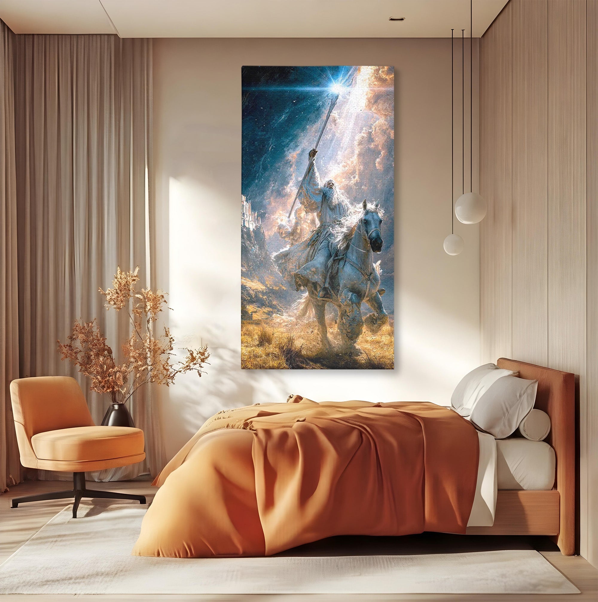 Tablou Canvas Premium LuxCanva® PI1211, Cavalerul Luminii, Cal Alb, Fantezie, Aventura, Epica, Living, Culori Vibrante