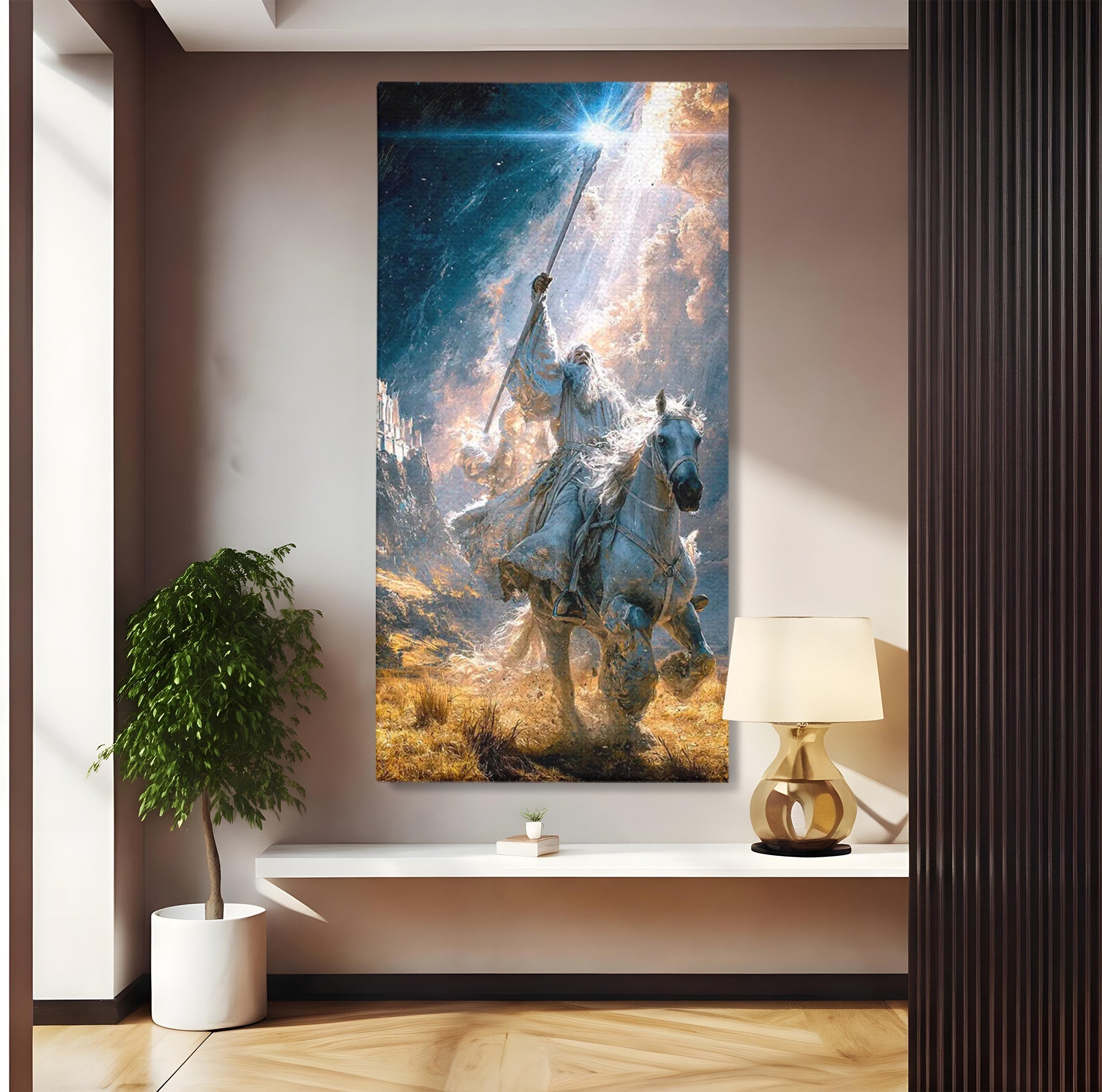 Tablou Canvas Premium LuxCanva® PI1211, Cavalerul Luminii, Cal Alb, Fantezie, Aventura, Epica, Living, Culori Vibrante