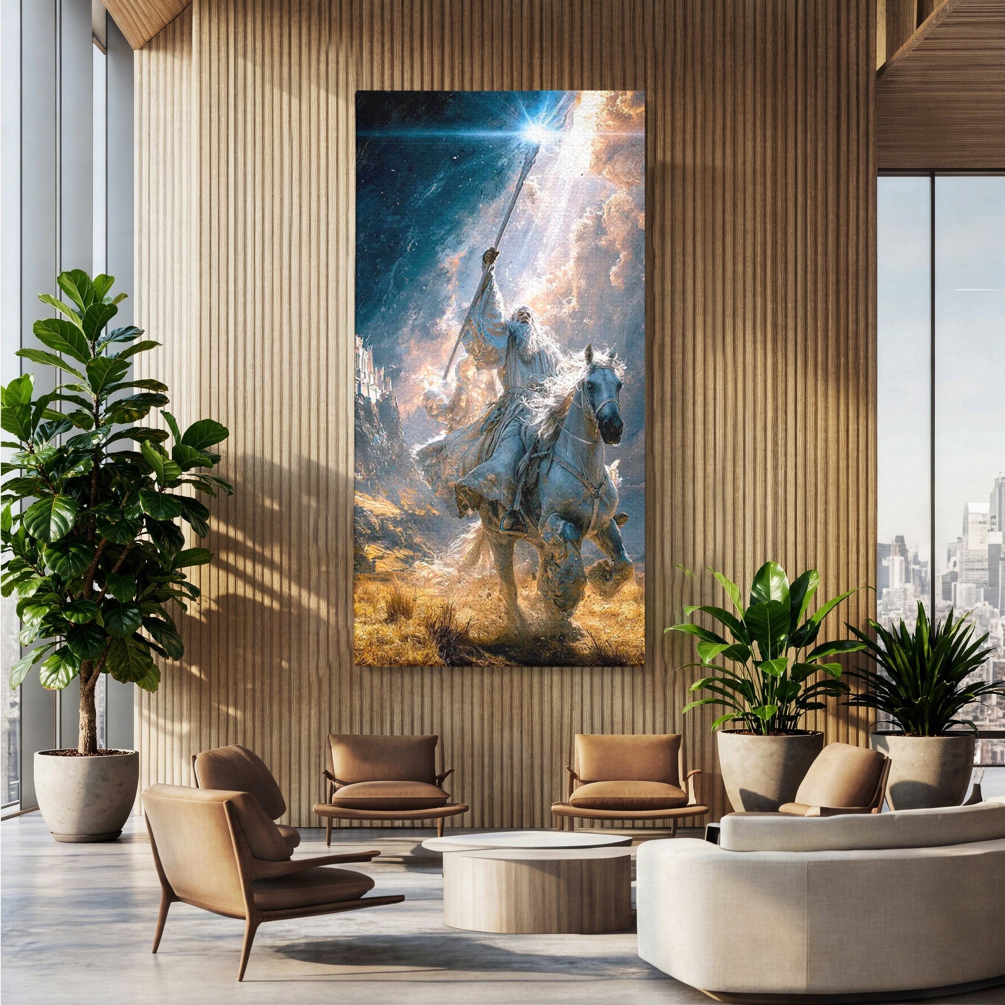 Tablou Canvas Premium LuxCanva® PI1211, Cavalerul Luminii, Cal Alb, Fantezie, Aventura, Epica, Living, Culori Vibrante