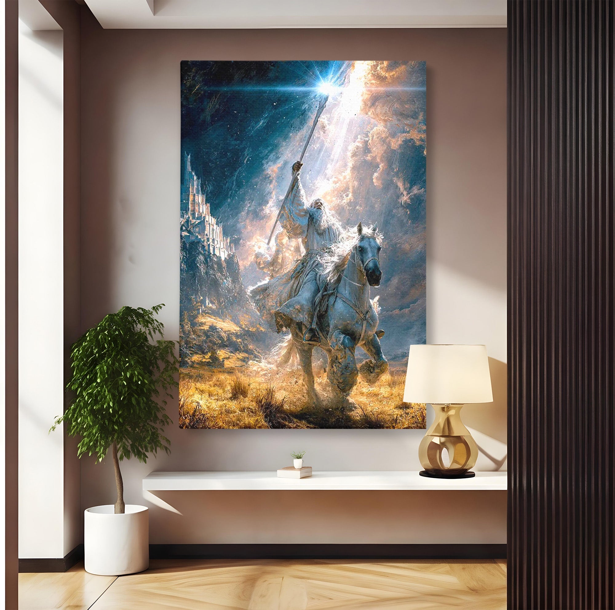 Tablou Canvas Premium LuxCanva® PI1211, Cavalerul Luminii, Cal Alb, Fantezie, Aventura, Epica, Living, Culori Vibrante