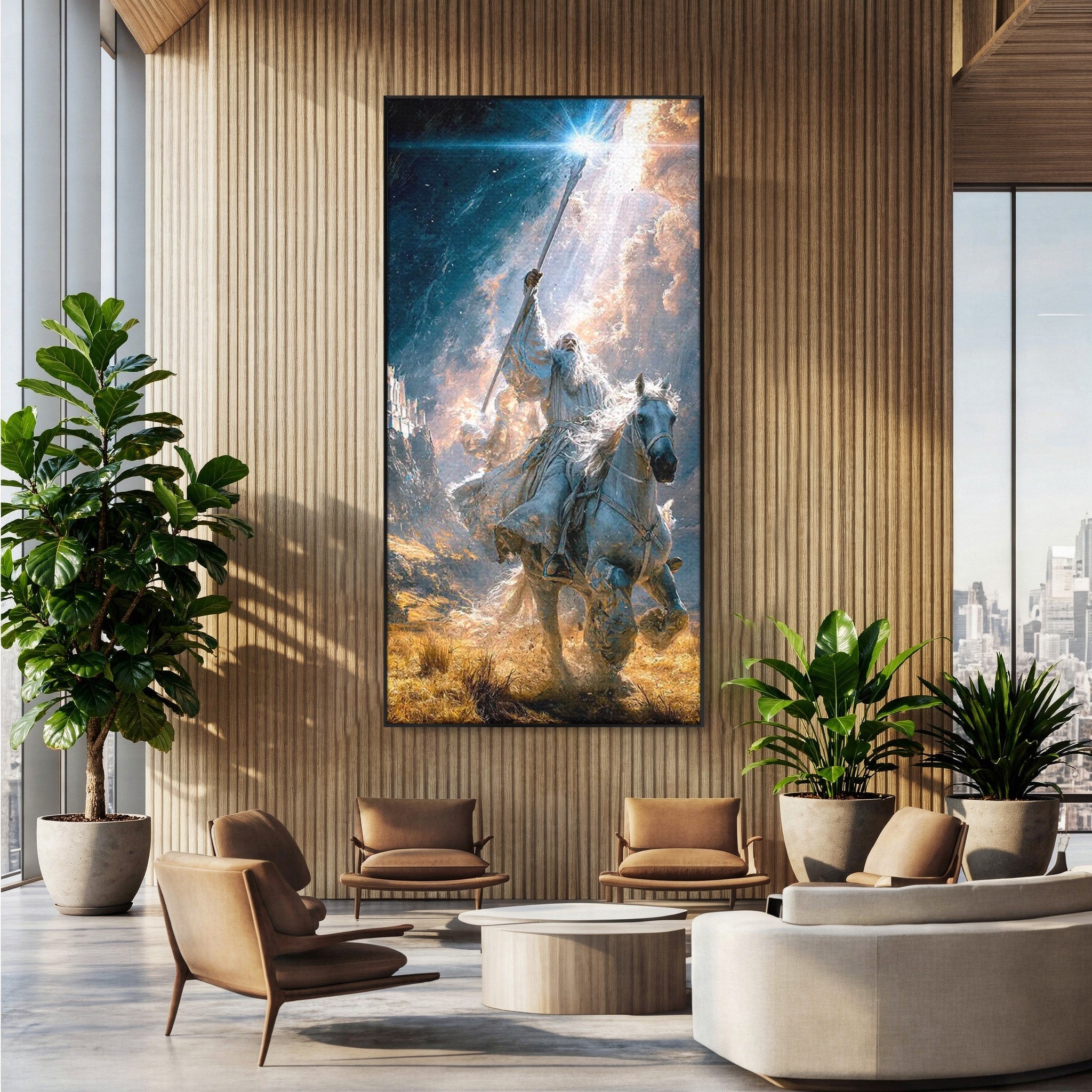 Tablou Canvas Premium LuxCanva® PI1211, Cavalerul Luminii, Cal Alb, Fantezie, Aventura, Epica, Living, Culori Vibrante