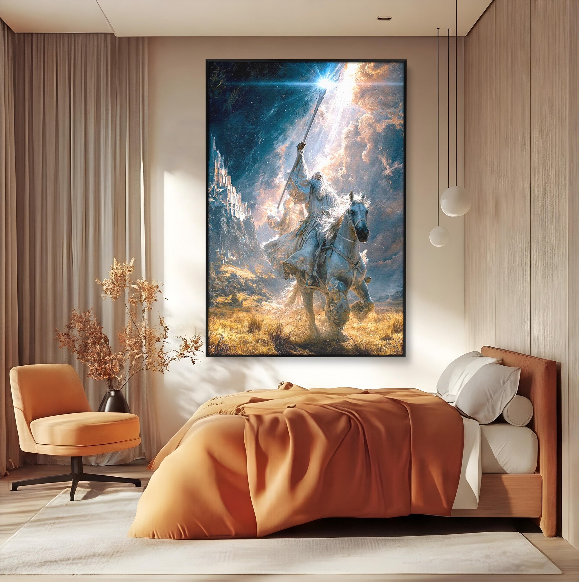 Tablou Canvas Premium LuxCanva® PI1211, Cavalerul Luminii, Cal Alb, Fantezie, Aventura, Epica, Living, Culori Vibrante