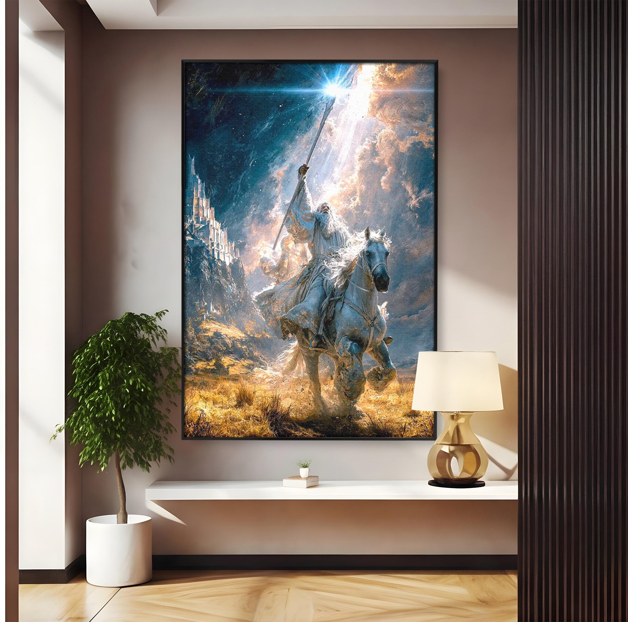 Tablou Canvas Premium LuxCanva® PI1211, Cavalerul Luminii, Cal Alb, Fantezie, Aventura, Epica, Living, Culori Vibrante