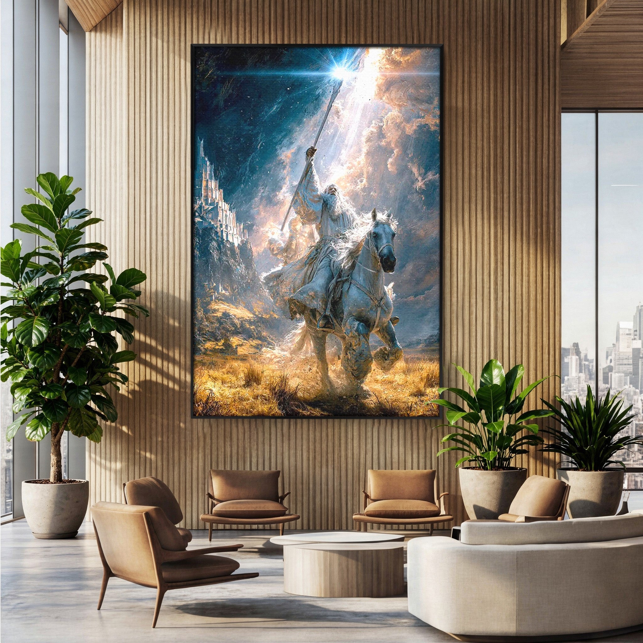 Tablou Canvas Premium LuxCanva® PI1211, Cavalerul Luminii, Cal Alb, Fantezie, Aventura, Epica, Living, Culori Vibrante