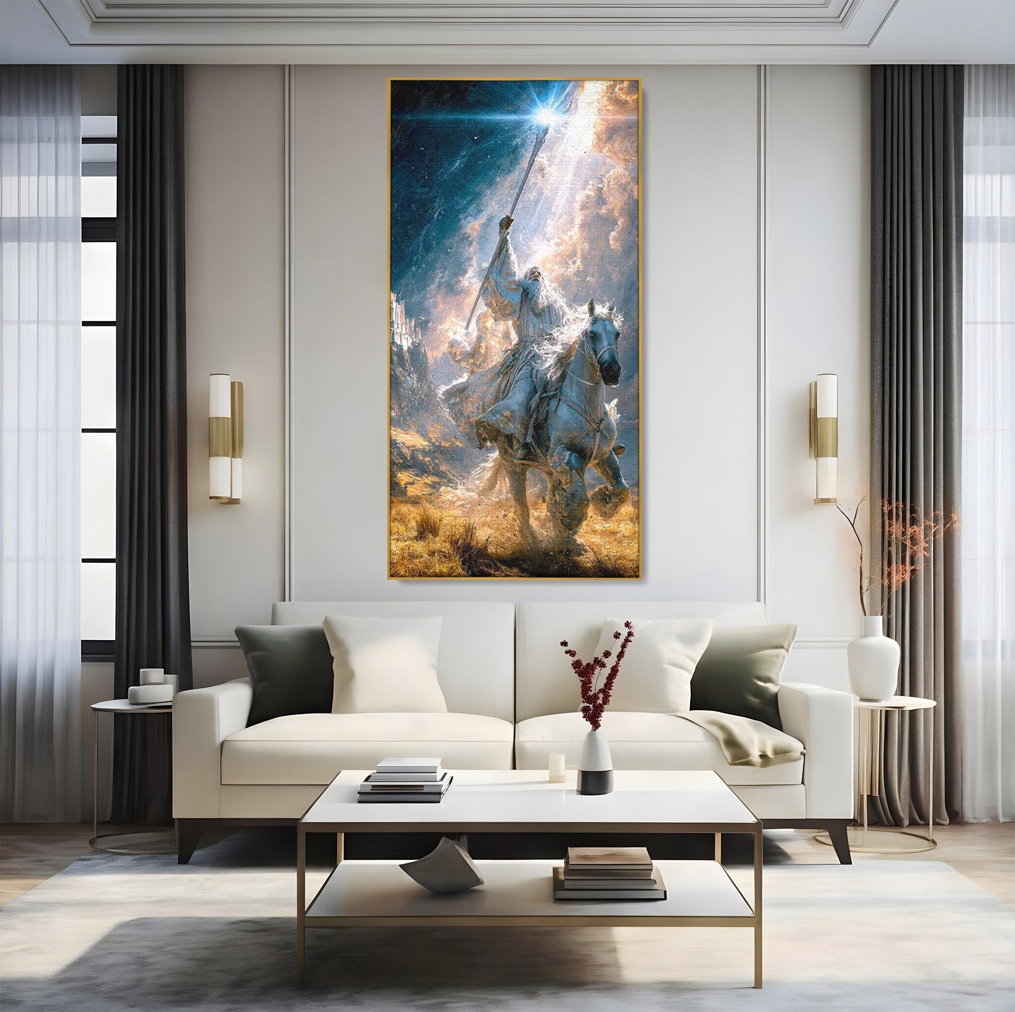 Tablou Canvas Premium LuxCanva® PI1211, Cavalerul Luminii, Cal Alb, Fantezie, Aventura, Epica, Living, Culori Vibrante
