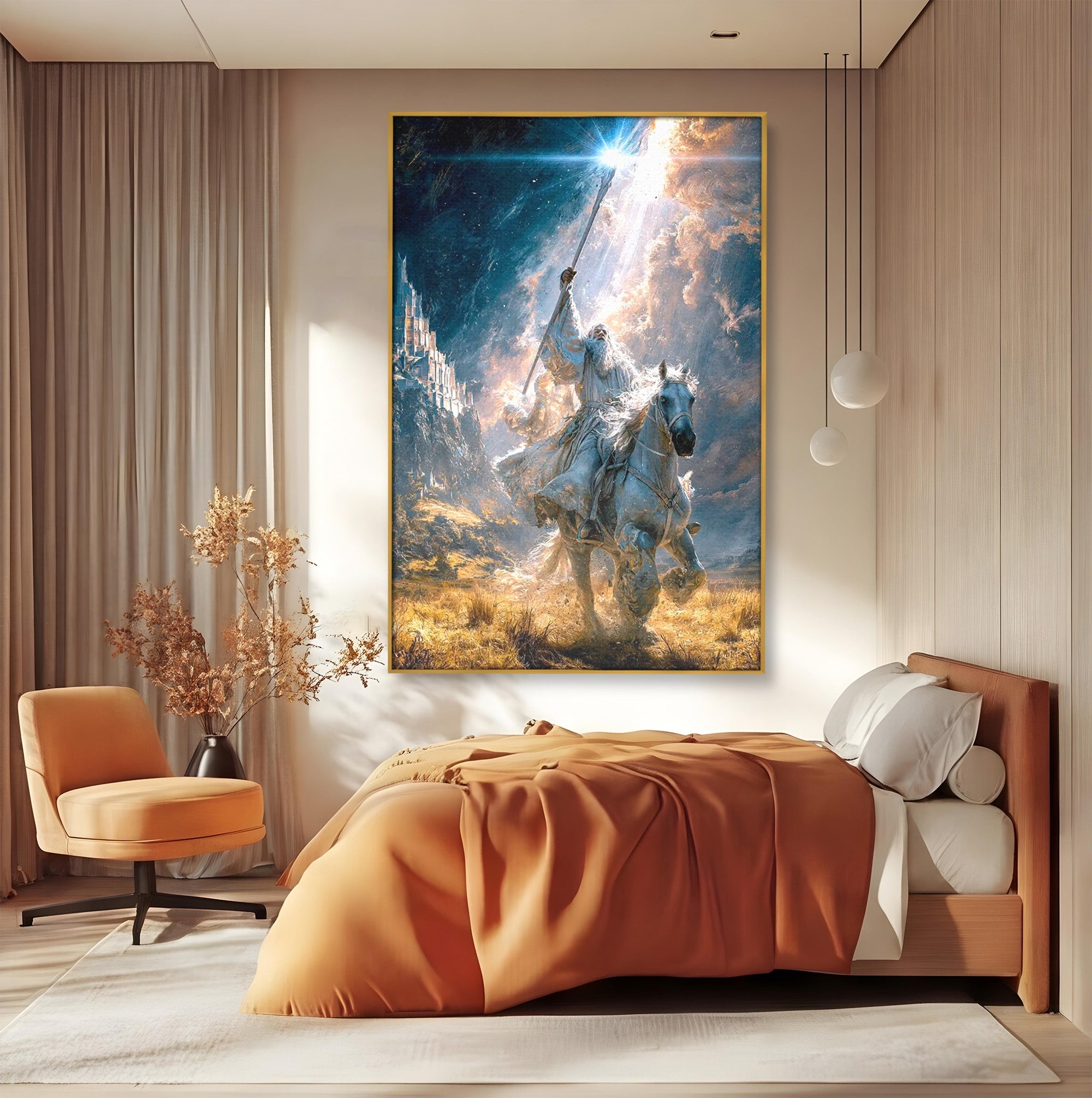 Tablou Canvas Premium LuxCanva® PI1211, Cavalerul Luminii, Cal Alb, Fantezie, Aventura, Epica, Living, Culori Vibrante