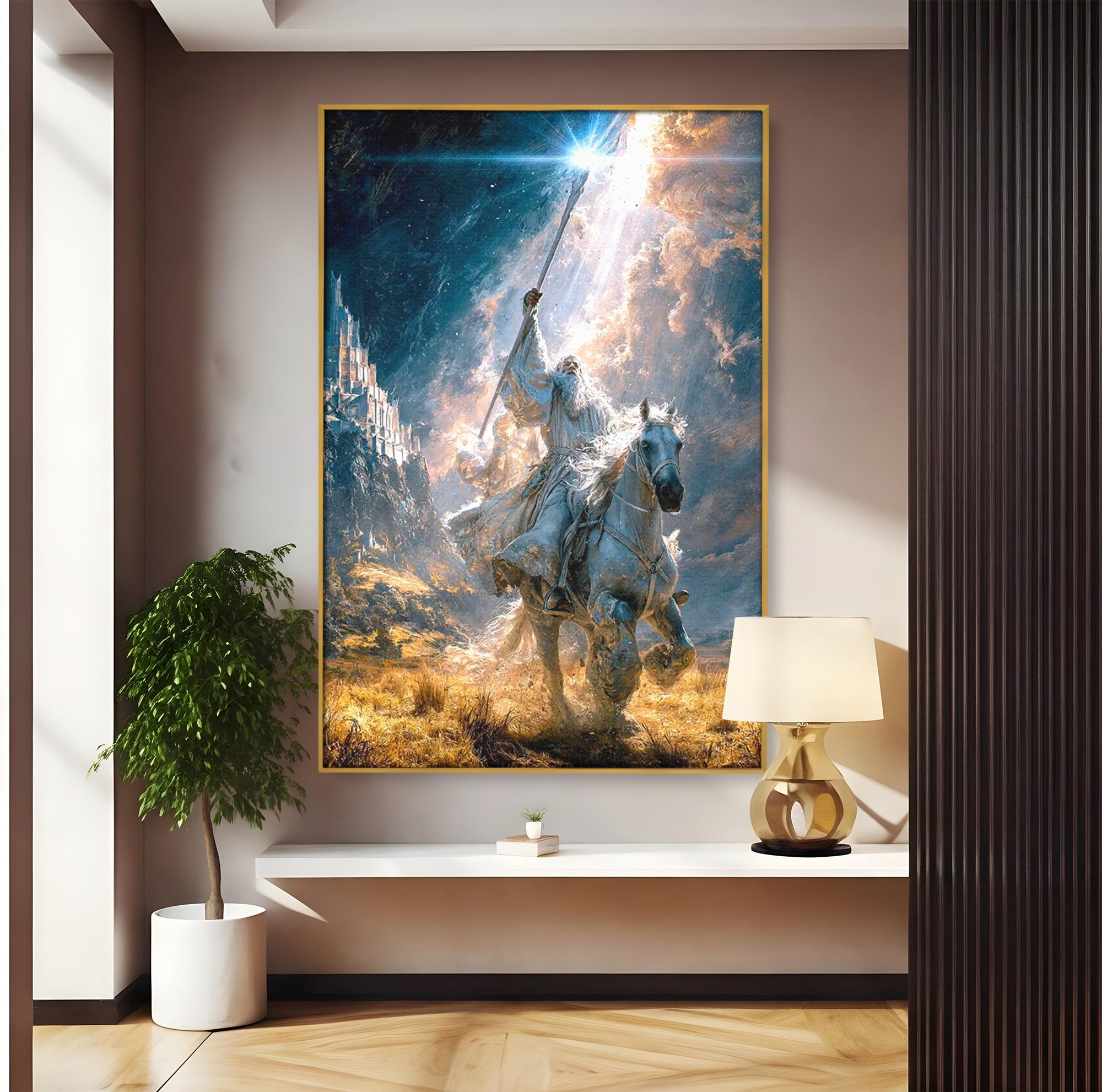 Tablou Canvas Premium LuxCanva® PI1211, Cavalerul Luminii, Cal Alb, Fantezie, Aventura, Epica, Living, Culori Vibrante