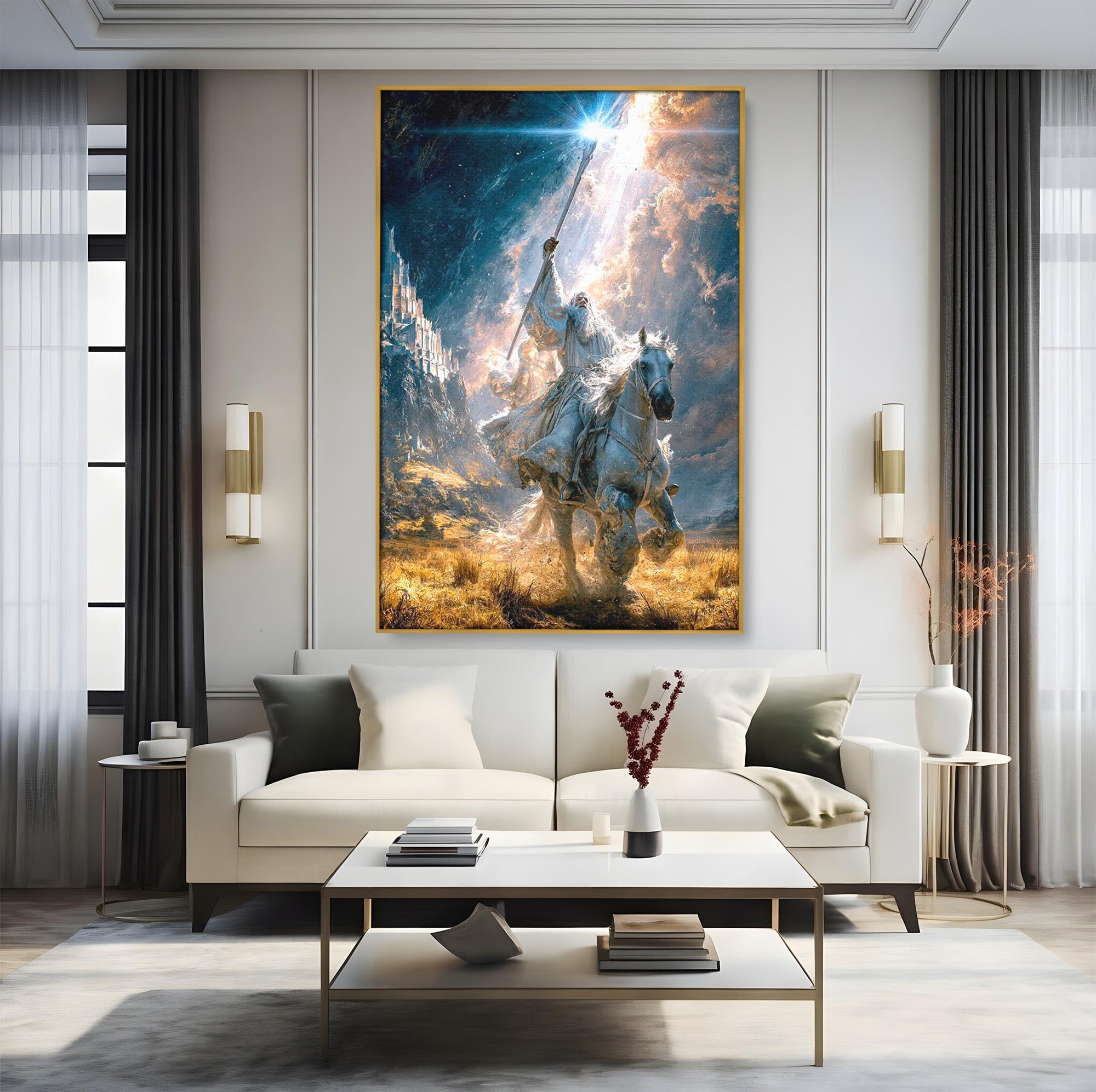 Tablou Canvas Premium LuxCanva® PI1211, Cavalerul Luminii, Cal Alb, Fantezie, Aventura, Epica, Living, Culori Vibrante