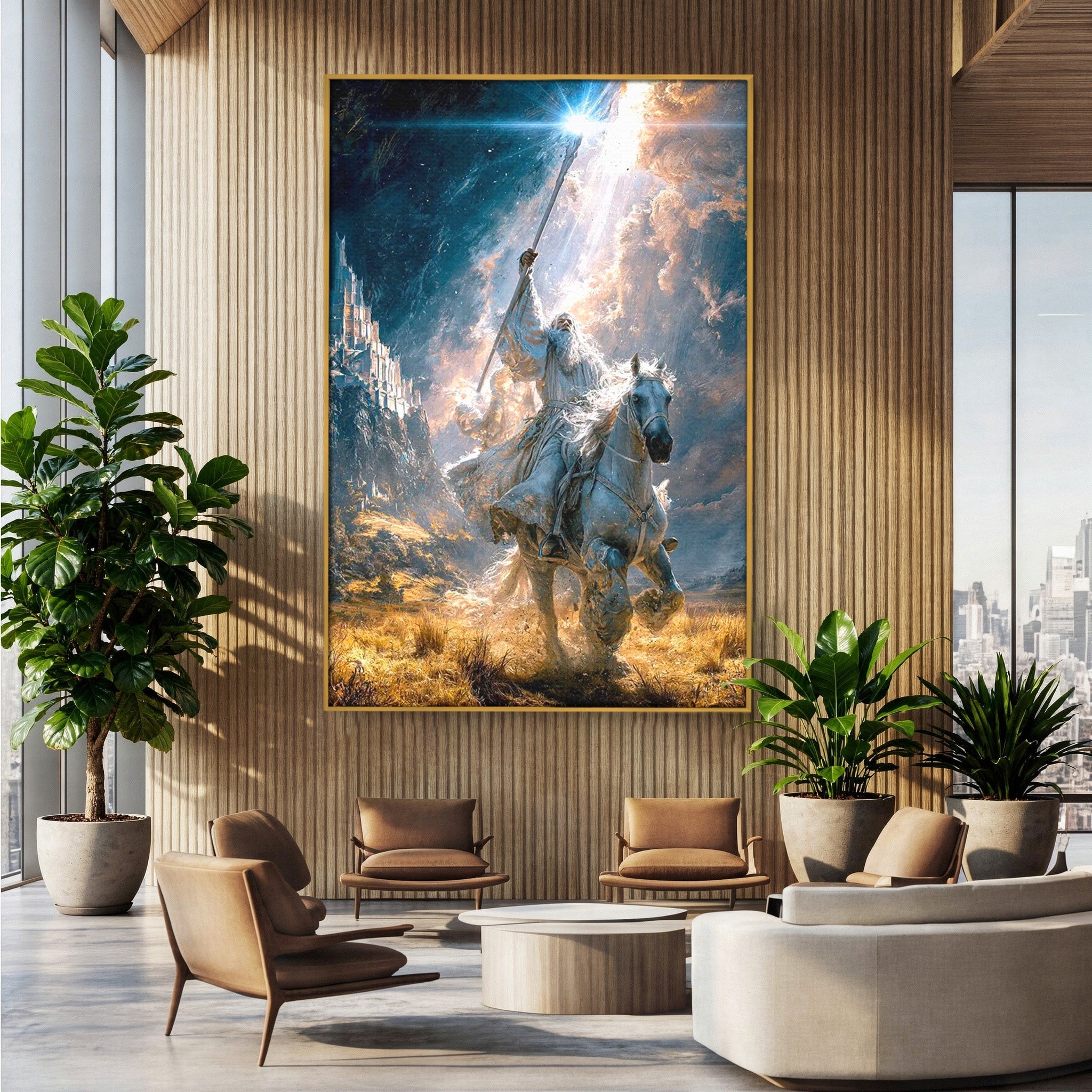 Tablou Canvas Premium LuxCanva® PI1211, Cavalerul Luminii, Cal Alb, Fantezie, Aventura, Epica, Living, Culori Vibrante