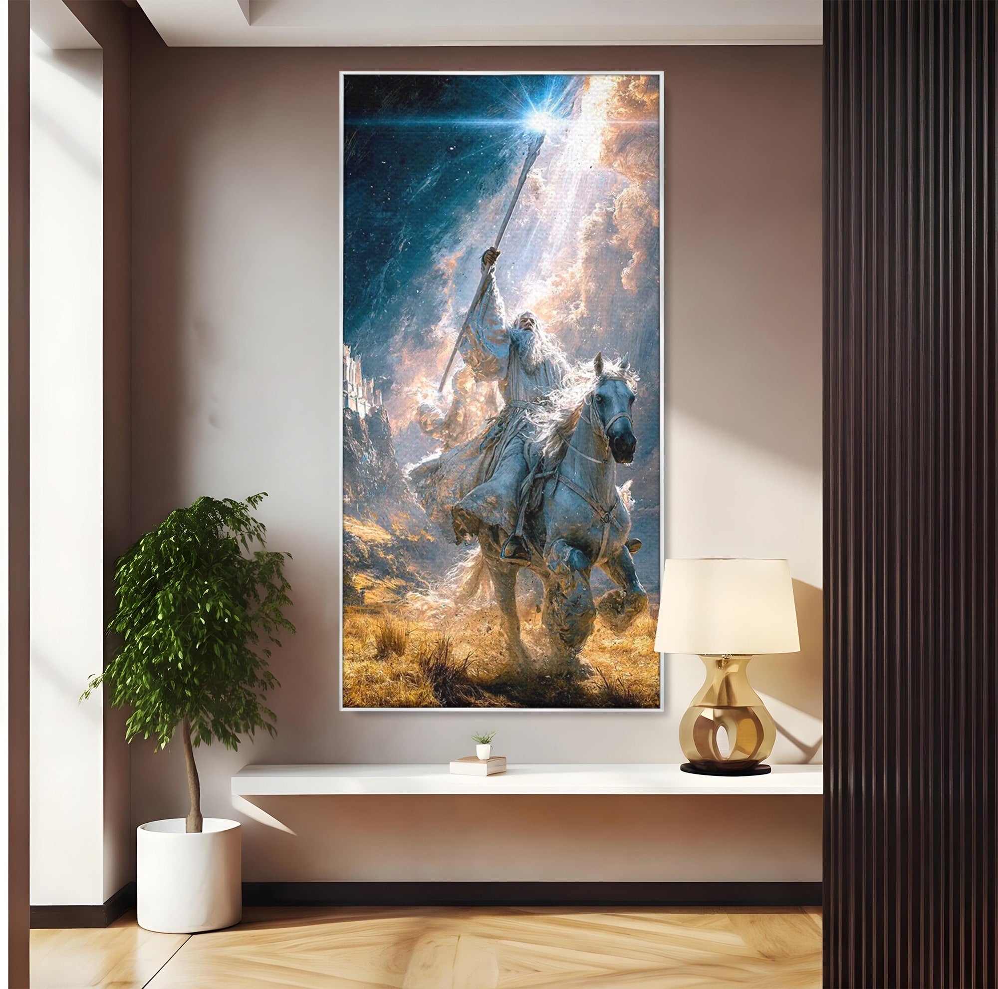 Tablou Canvas Premium LuxCanva® PI1211, Cavalerul Luminii, Cal Alb, Fantezie, Aventura, Epica, Living, Culori Vibrante