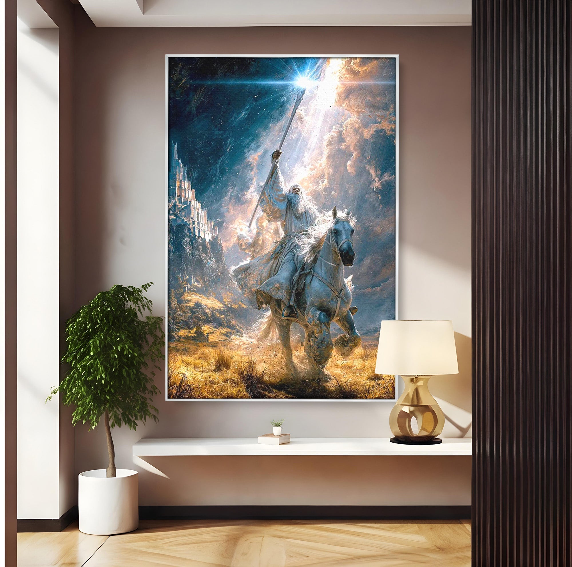Tablou Canvas Premium LuxCanva® PI1211, Cavalerul Luminii, Cal Alb, Fantezie, Aventura, Epica, Living, Culori Vibrante