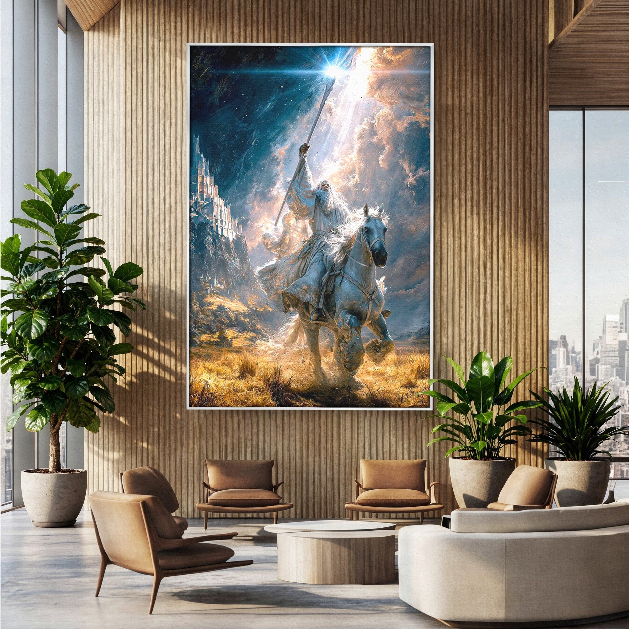 Tablou Canvas Premium LuxCanva® PI1211, Cavalerul Luminii, Cal Alb, Fantezie, Aventura, Epica, Living, Culori Vibrante