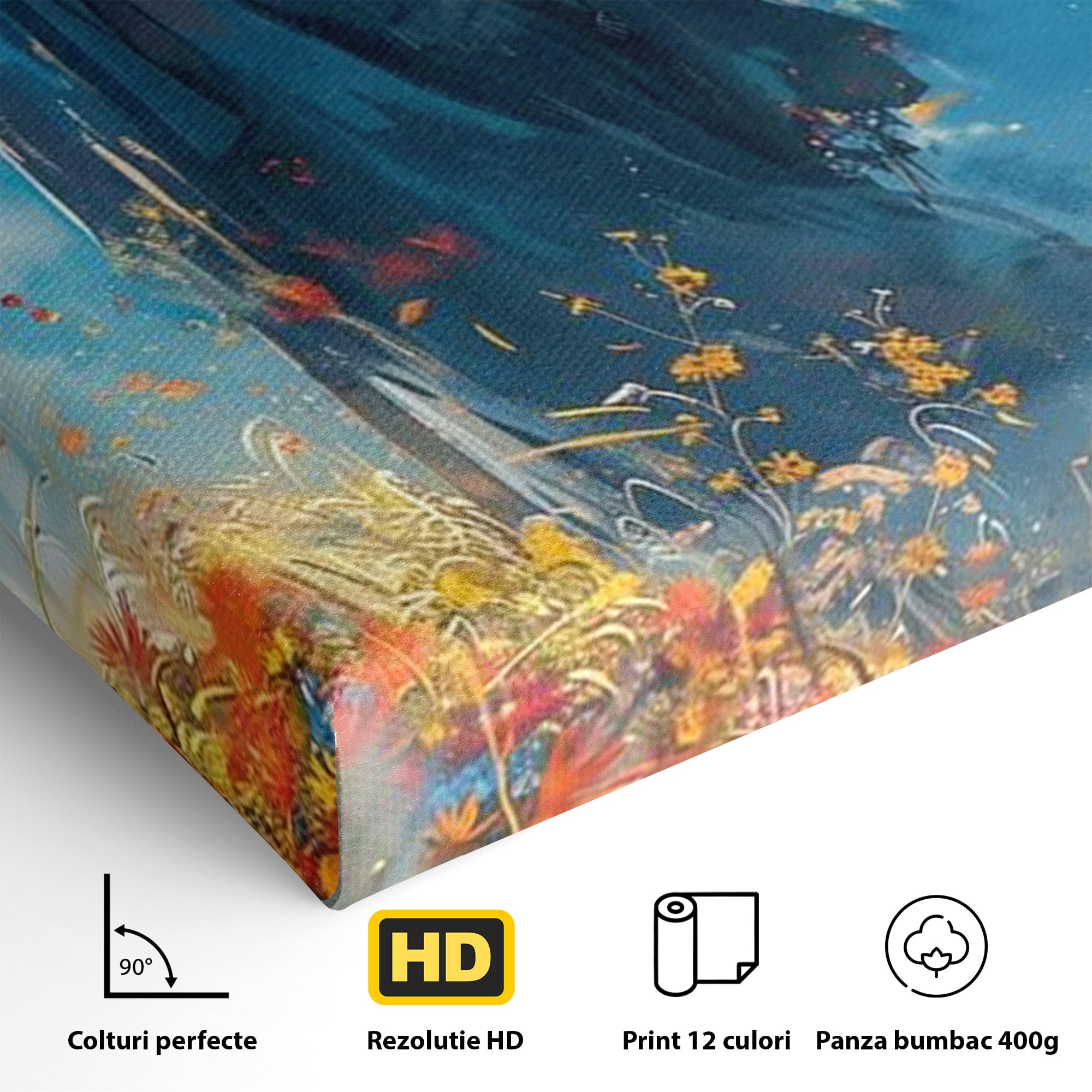 Tablou Canvas Premium LuxCanva® PI1212, Vrajitorul Pe Campul Inflorit, Toiag, Palarie, Flori, Fantezie, Living, Culori Vibrante